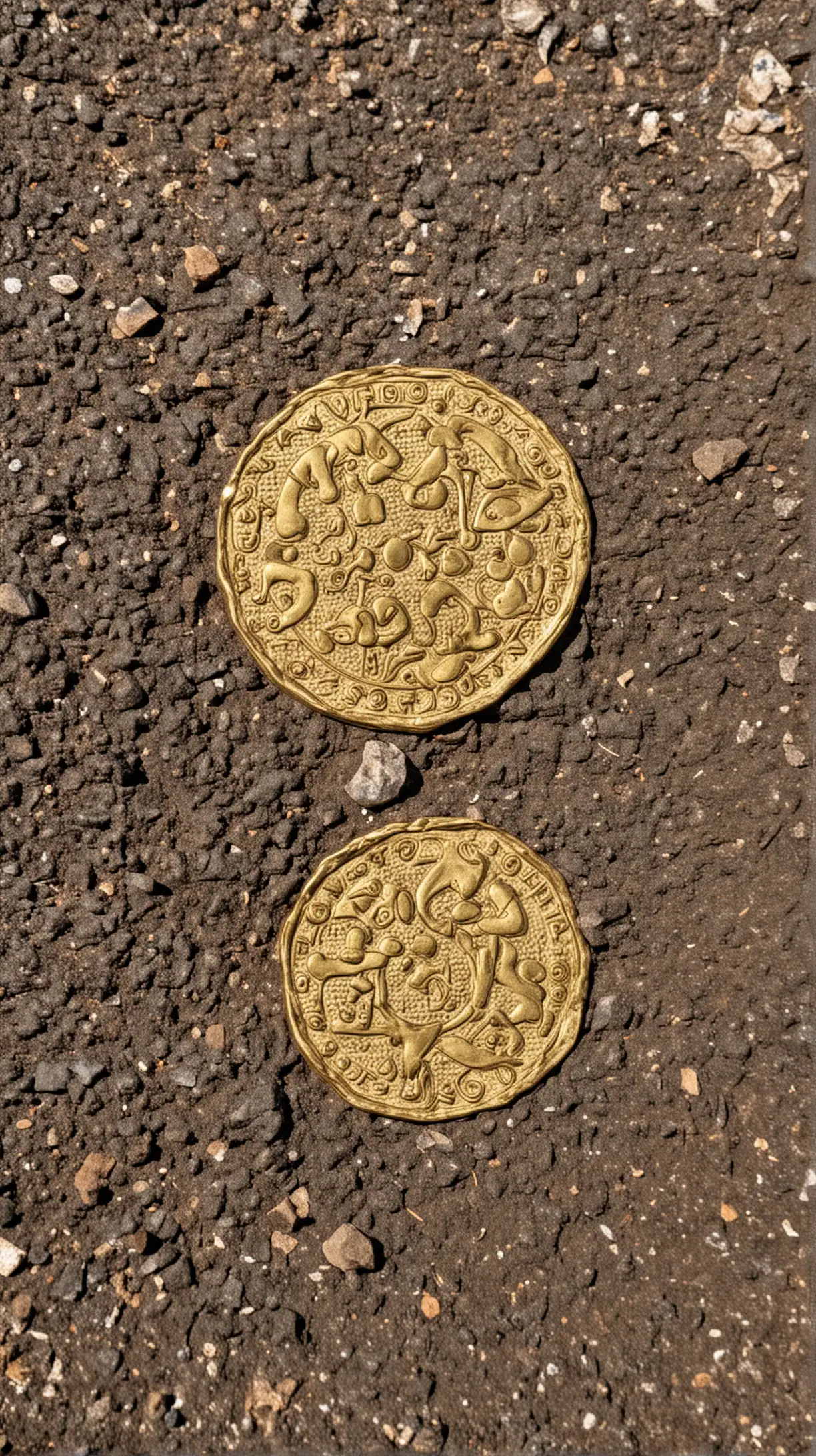 near the old swing set—a shiny gold coin covered in strange symbols.