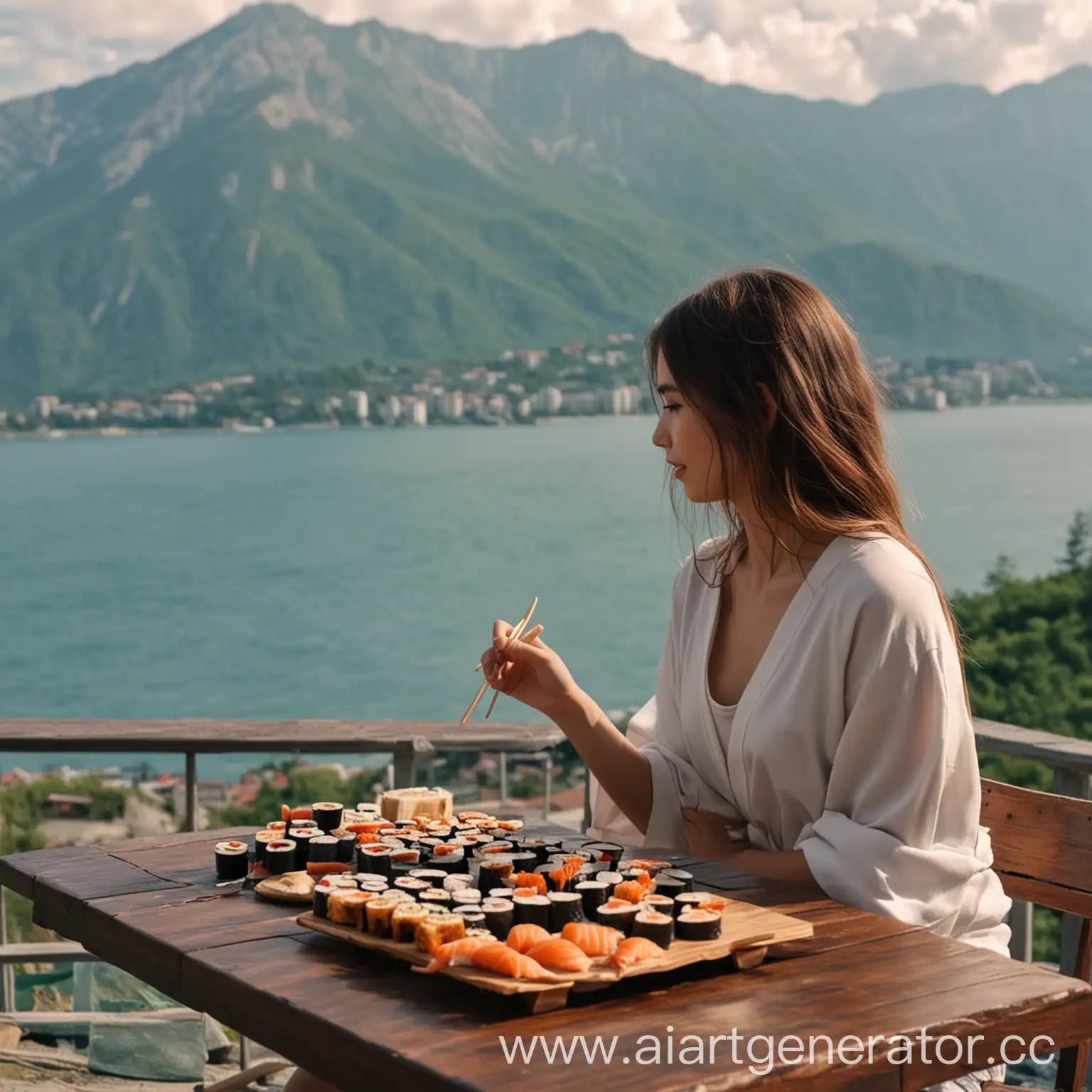 сгенерируй девушку в Абхазии которая сидит за столом и кушает роллы на фоне море горы, фото 4К хорошего качества девушка сидит спиной 