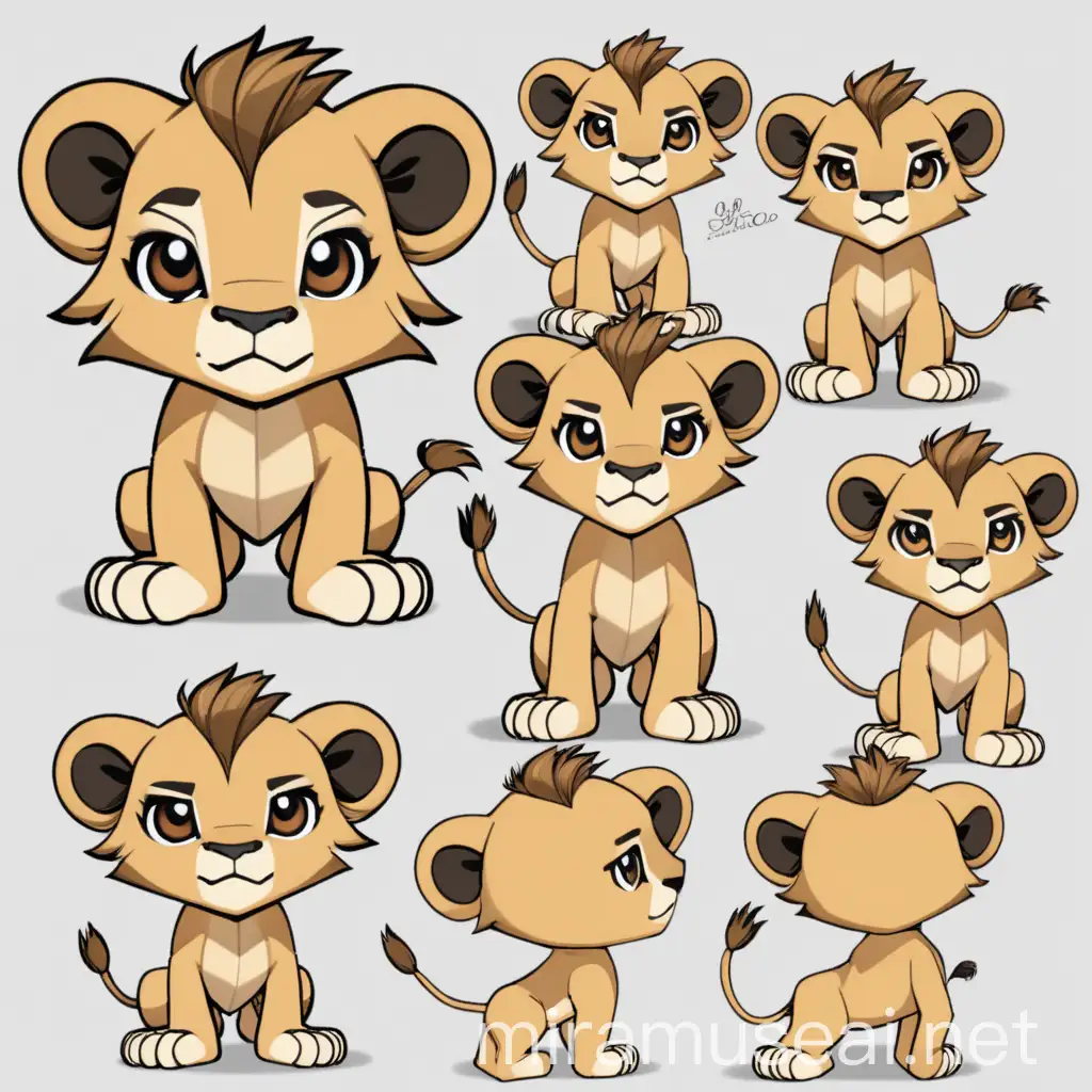 A cute lion with a black eyes,stron arms,no clothes,multi scens,multi angles,