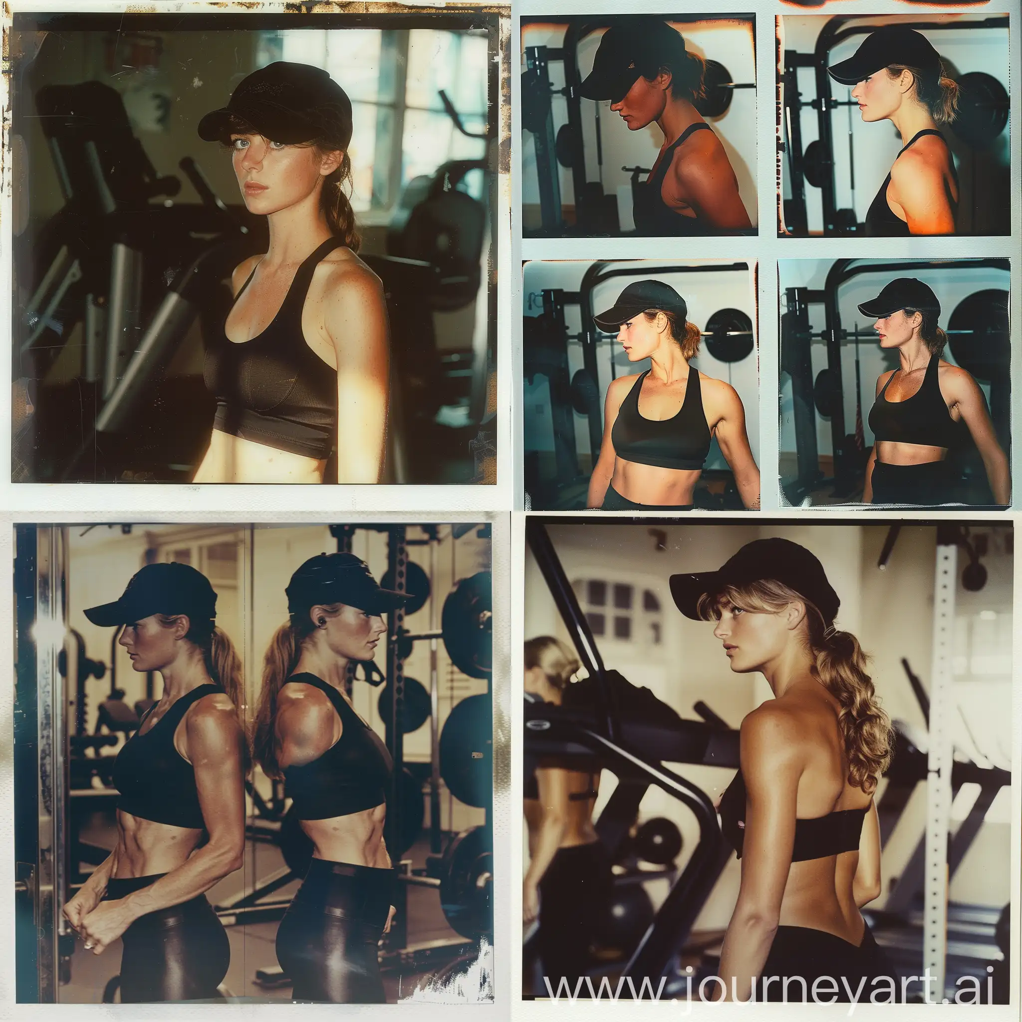 4x4 collage of Princess Diana wearing a black cap, black belly tanktop, and black leggings as she works out at a gym in 1997... flash on, vintage instant polaroid photo.