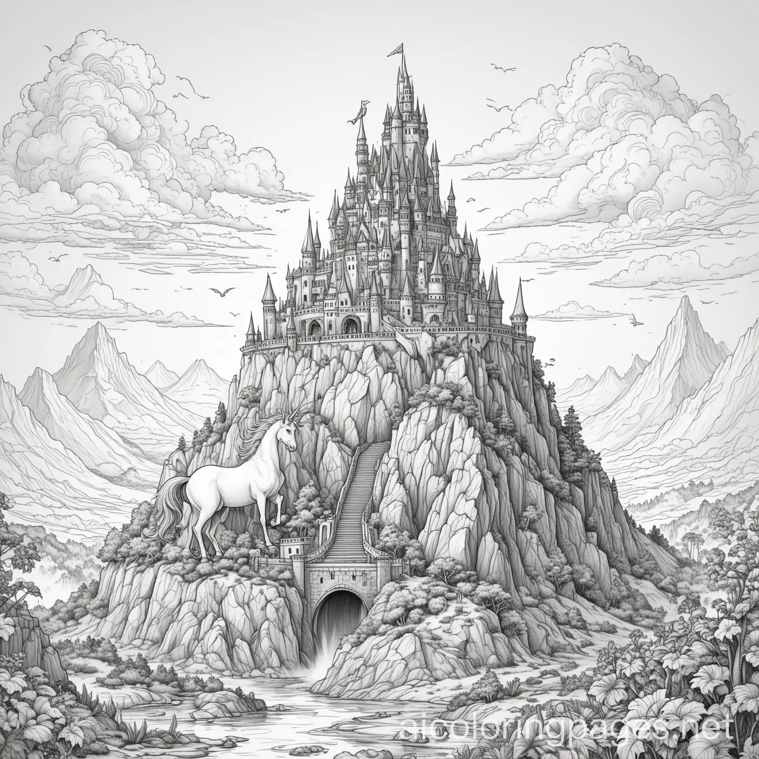 Unicorn dragon volcano  castle, Coloring Page, black and white, line art, white background, Simplicity, Ample White Space. The background of the coloring page is plain white to make it easy for young children to color within the lines. The outlines of all the subjects are easy to distinguish, making it simple for kids to color without too much difficulty