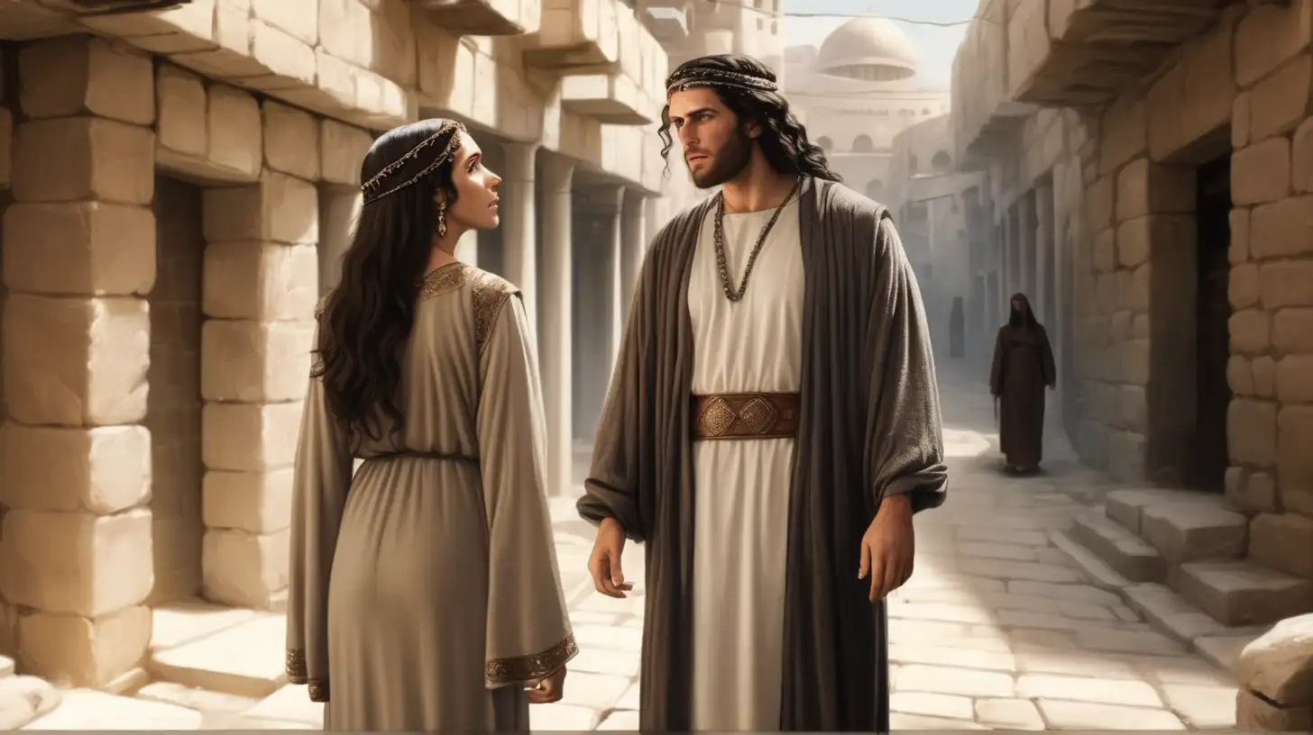 epoque biblique, une belle femme hébreu avec des manches longues qui dit des paroles vexantes à une autre femme hébreu, dans une rue d'une ville hébreu antique
