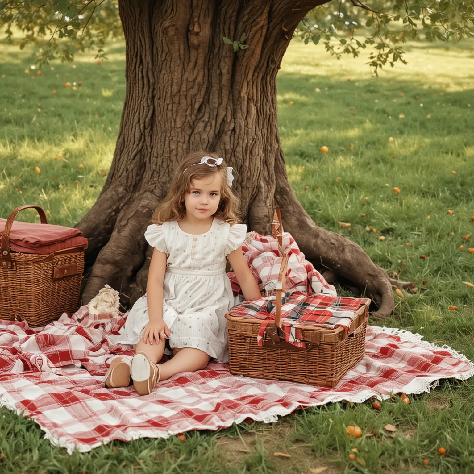 Vintage Little Girl Sitting Under Tree with Picnic Basket on Blanket