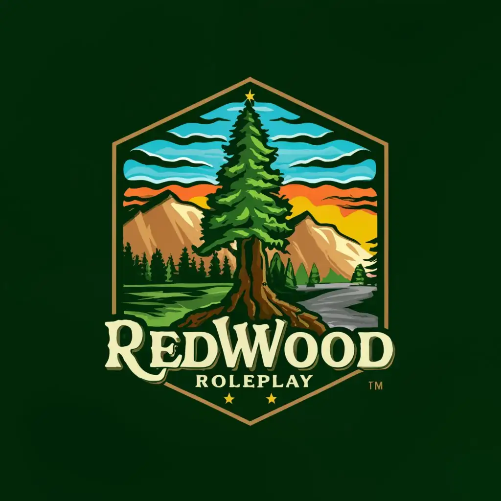 a logo design,with the text "redwood roleplay", main symbol:Make sure it Includes a Mountain with Green Trees & a Body of water, as well as make it look like it's in Grays Harbor County,,Moderate,clear background