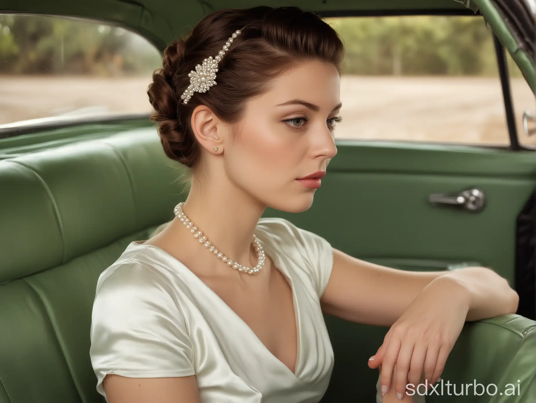 A captivating vintage-inspired image featuring a sophisticated woman seated in a charming green car. The woman, with an updo adorned by a pearl hair accessory, offers a profile view, displaying her serene and introspective expression. Her white satin or silk dress and multi-strand pearl necklace add a touch of classic elegance. The car's interior is pristine white, creating a striking contrast against the soft, warm lighting that enhances the colors and textures within the frame.