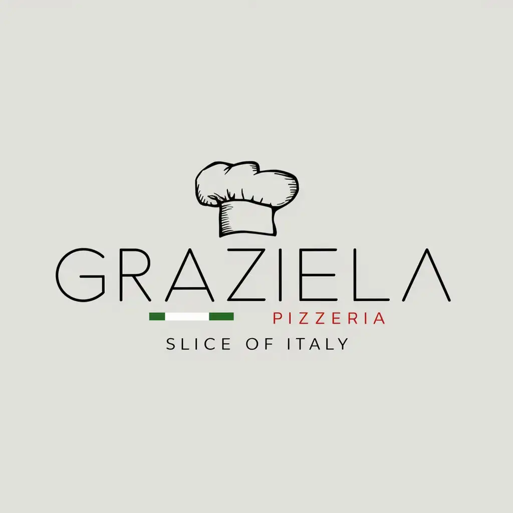 GRAZIELLA Pizzeria logo, Sharp type style, Restaurant logo, Italian colors, Chef hat sketch, Slogan, Slice of Italy, Slim, Minimal