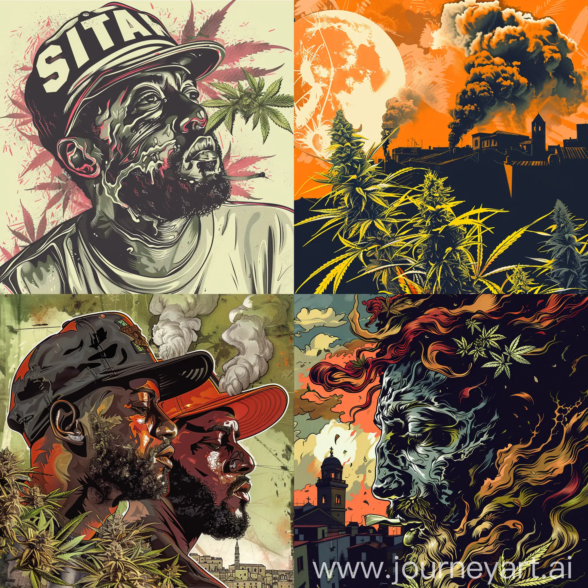 Make me a graphic for a music CD for rappers who are in Sicily and make rap music related to smoking marijuana.
