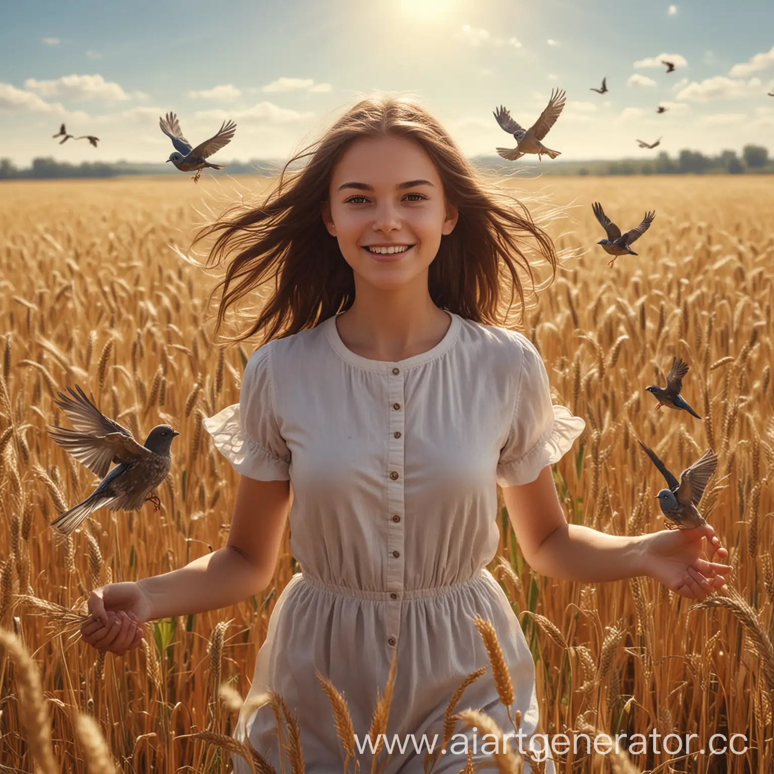 Девушка брюнетка Веган  похожую на фото с картинки, в поле среди ростков пшеницы, яркий солнечный свет, летают милые маленькие птички, фотореализм
