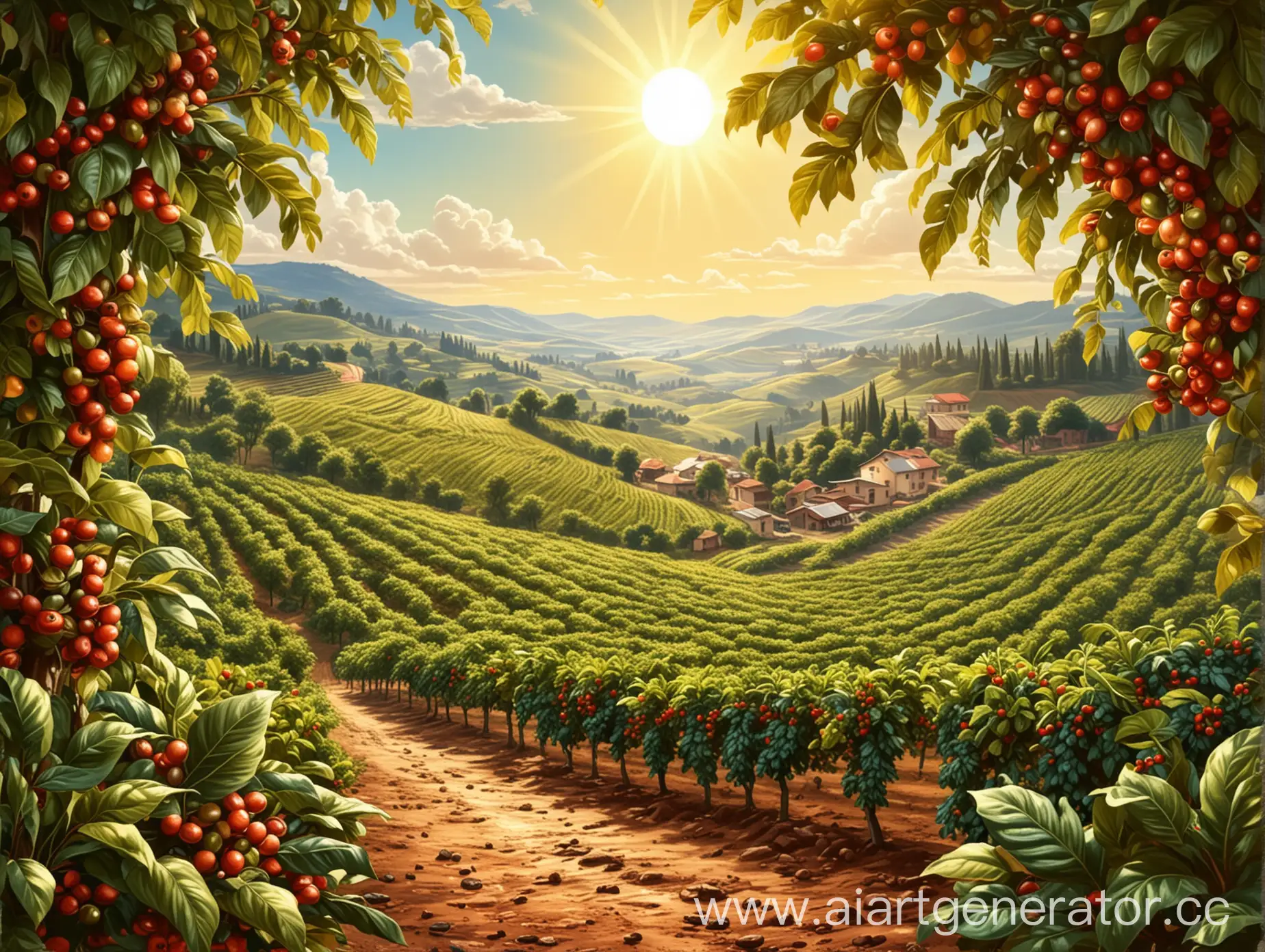 coffee farm, sunshine, italian espresso, vector illustration