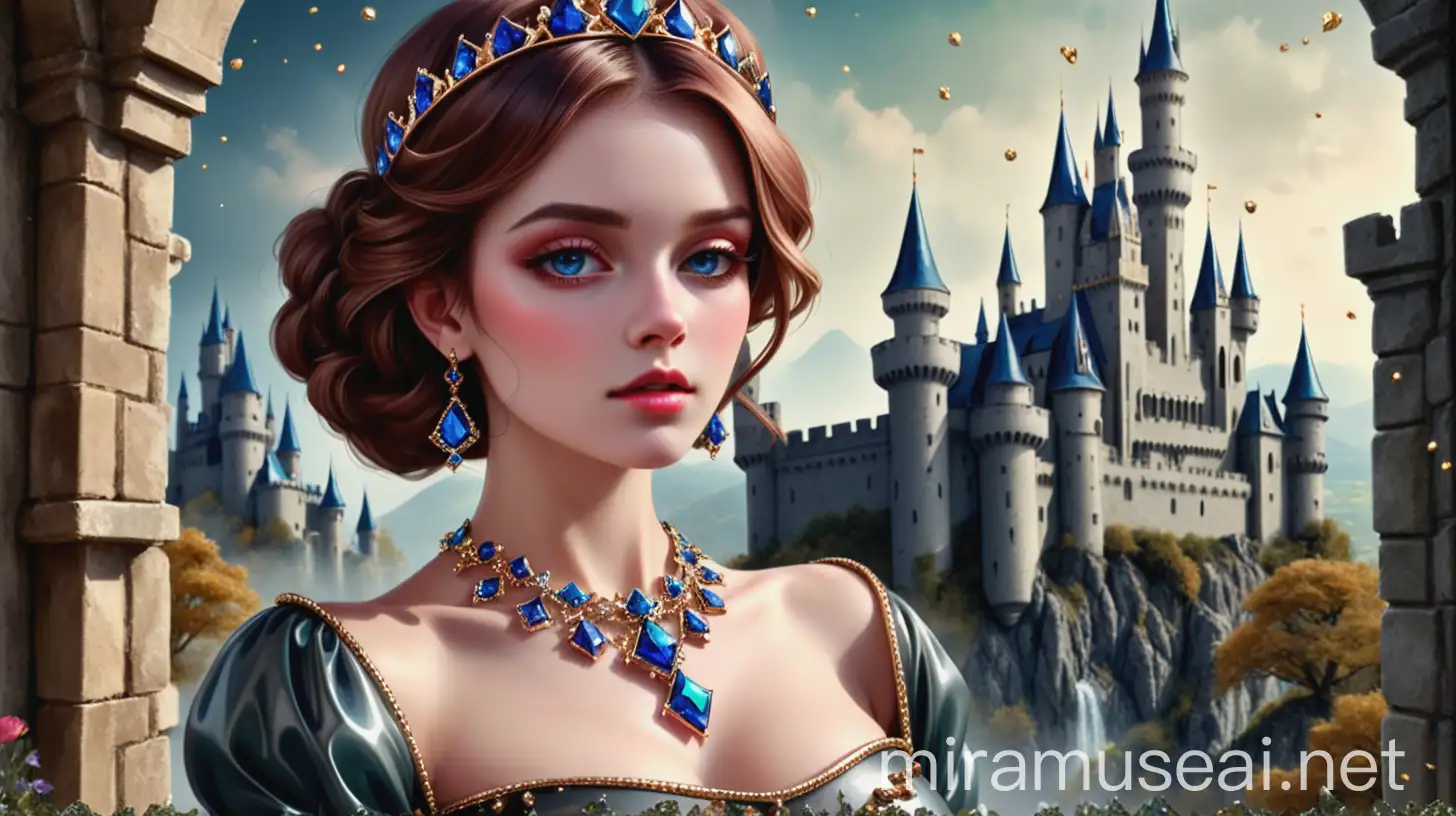 Elegant Woman Adorning Resin Jewelry against Enchanting Castle Backdrop