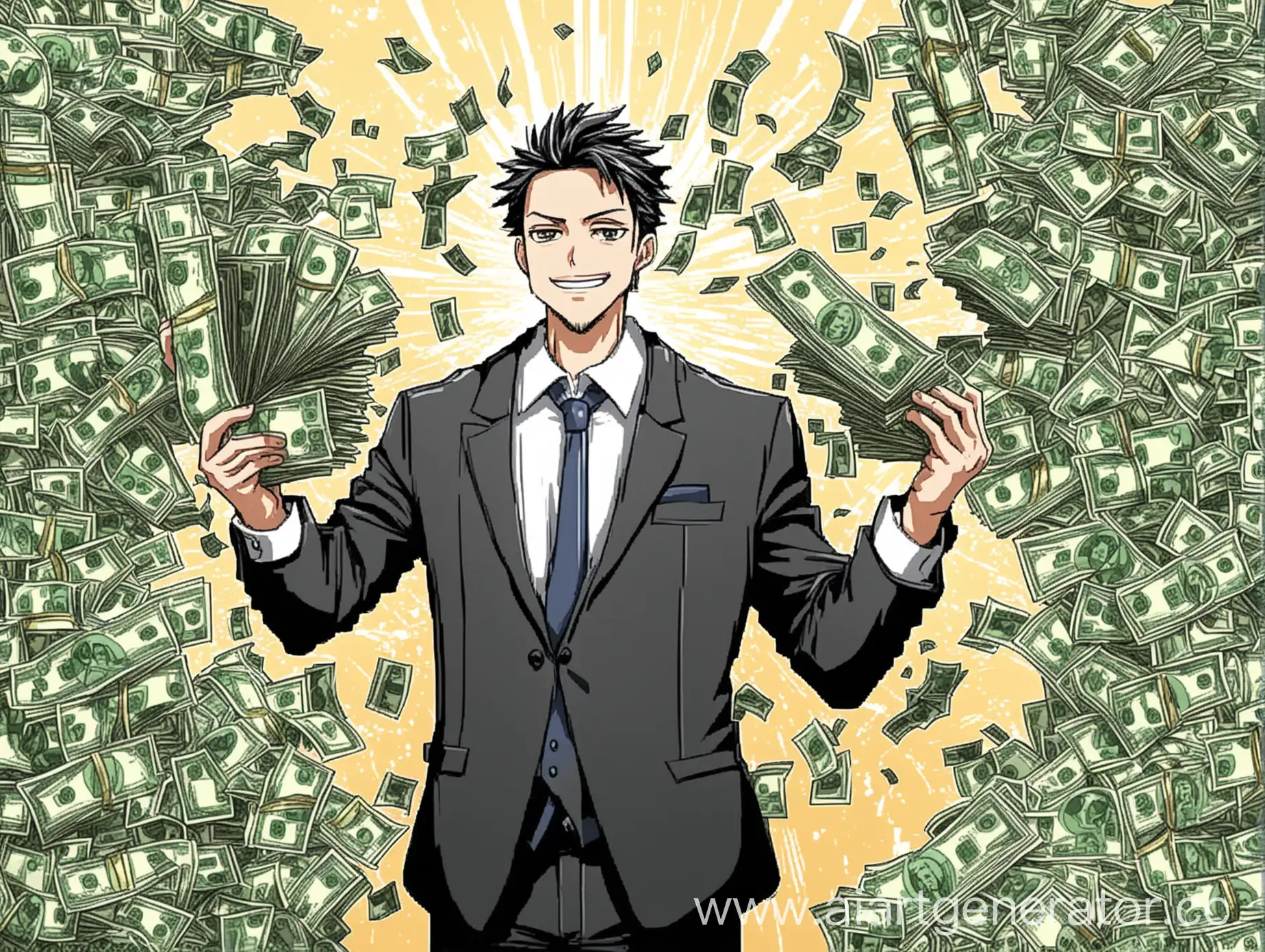 Создай 2D арт, Аниме, комикс, богатый человек с деньгами