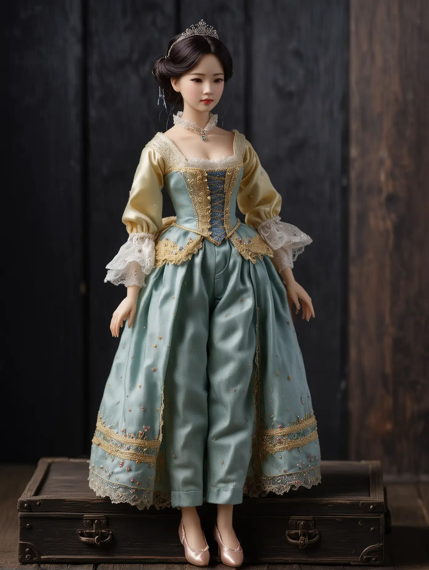 Miniature Wax Doll in Cinderella Costume Standing on Black Wooden Box
