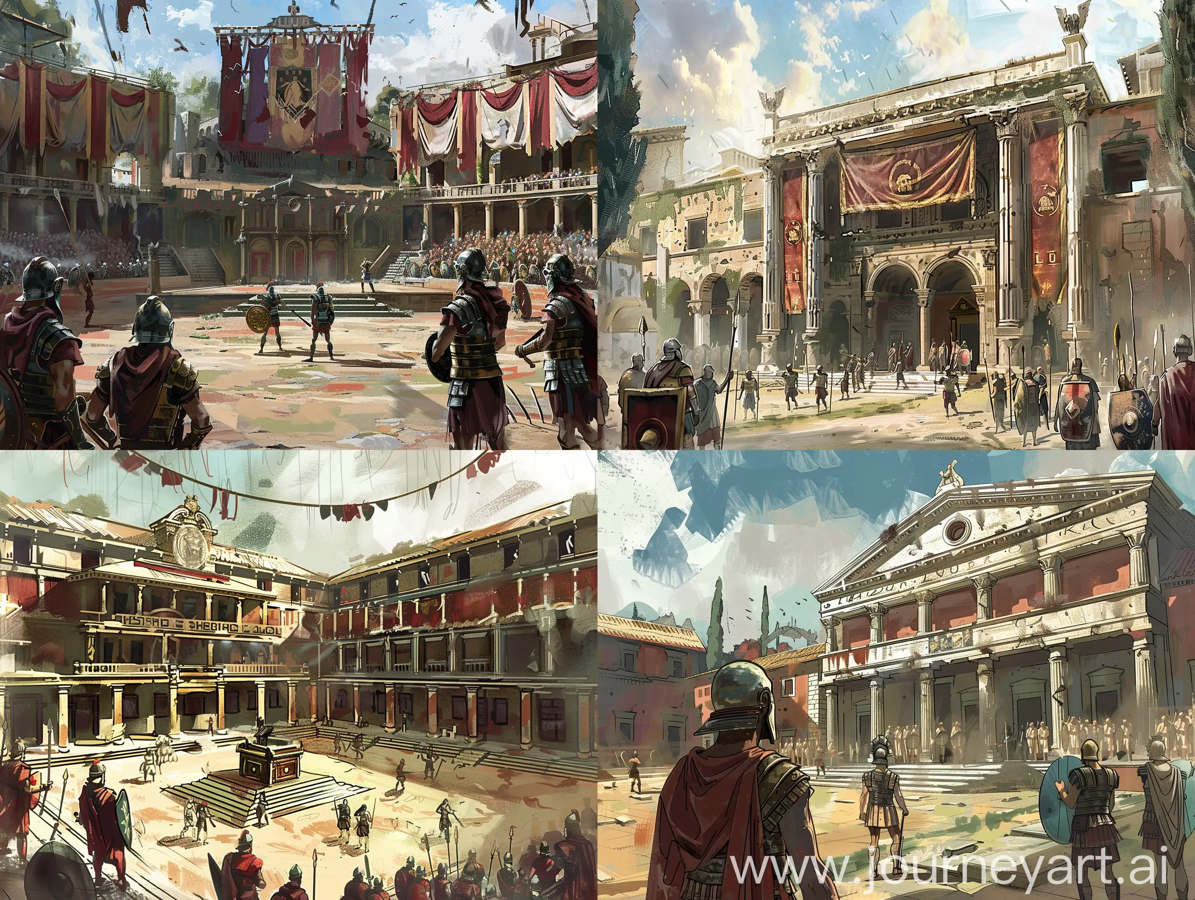 Draw the Ludus concept art of the gladiator school in ancient Rome