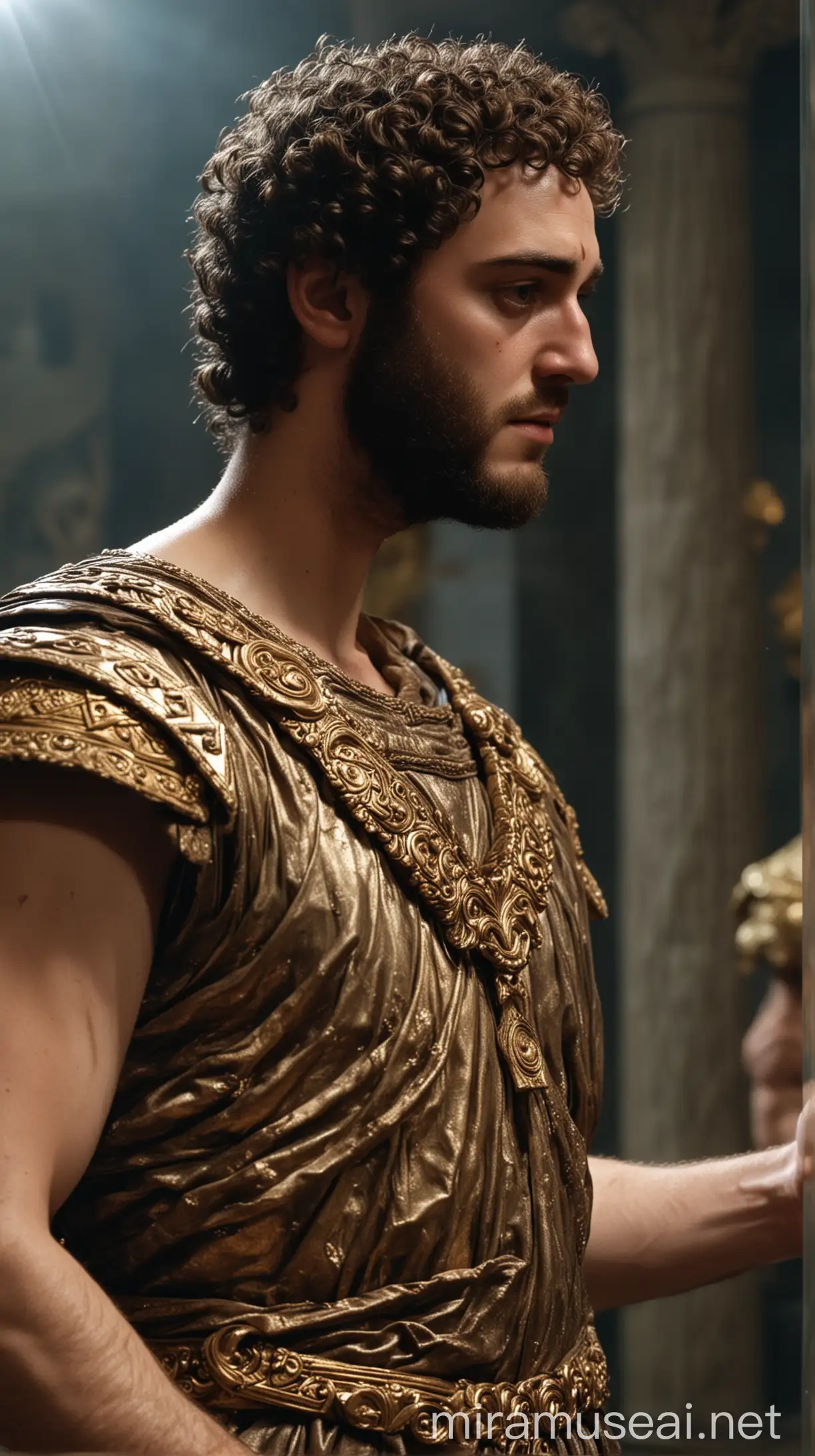 Clip of Commodus looking at his reflection, dressed as a demigod. hyper realistic