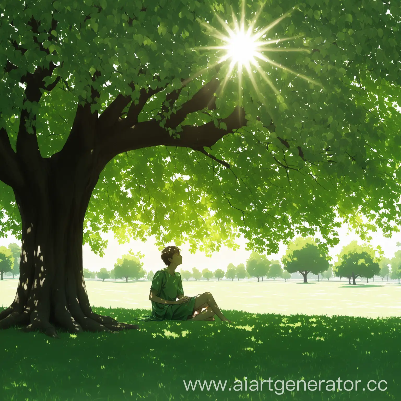 человек сидит под деревом, зелёный цвет, тень от дерева, солнце через листву дерева, зеленая трава