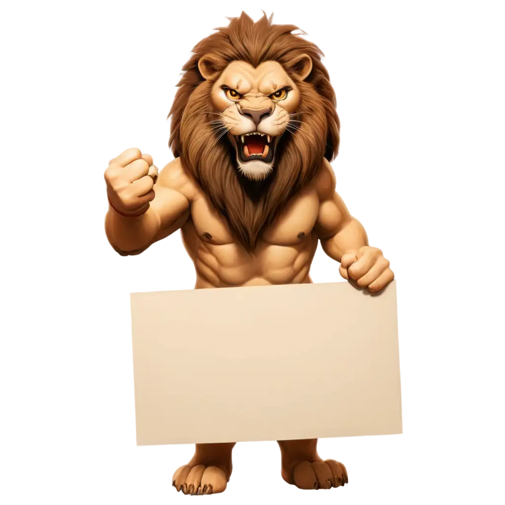 
2d angry lion holding a sign without text
