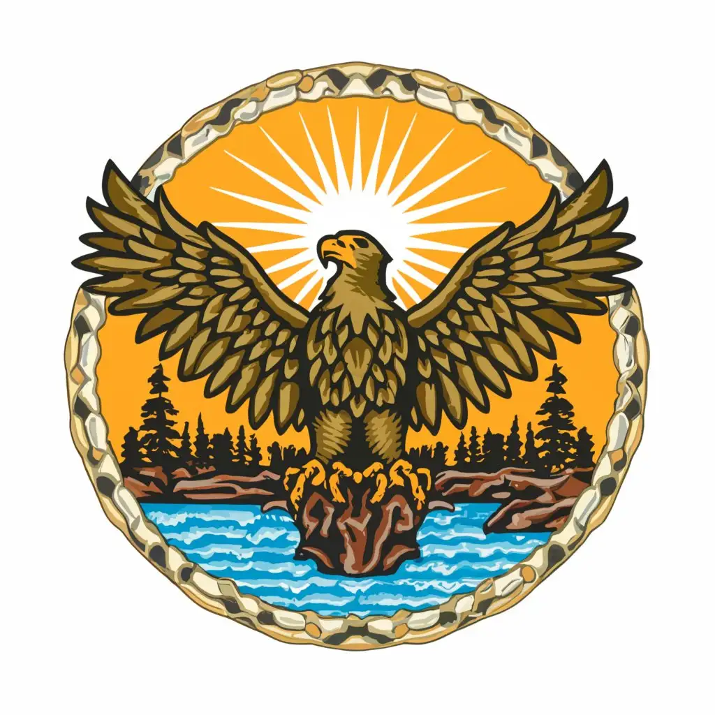 a logo design,with the text "Patch for the military-youth detachment", main symbol:Eagle profile forward, Karelian forests, rocks, lake, sun, Karelia, military-youth detachment, round shape of the patch, without inscriptions,complex,be used in Others industry,clear background