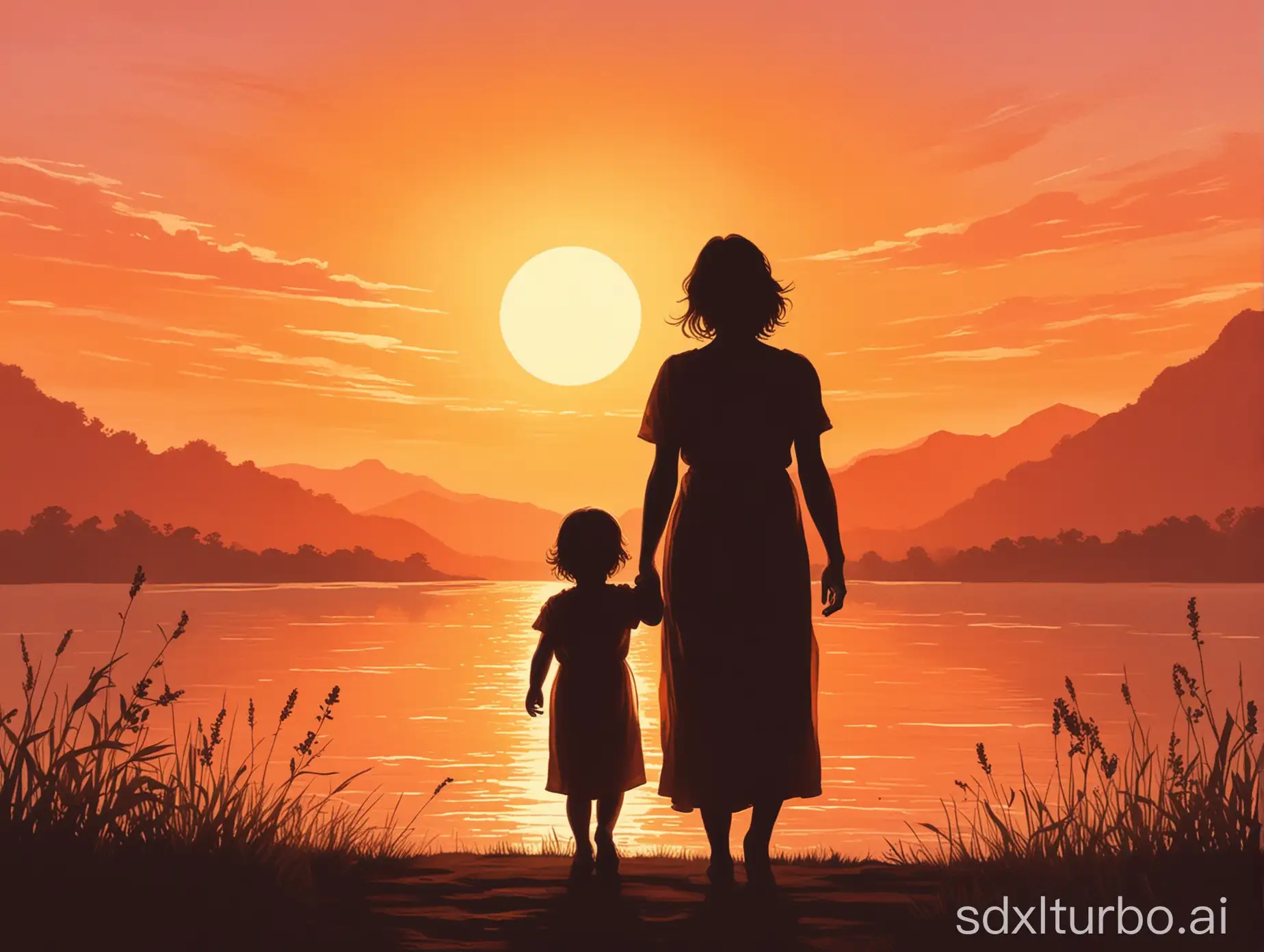 An illustration of a mother and child silhouetted against a warm sunset, radiating a sense of tranquility and peace.