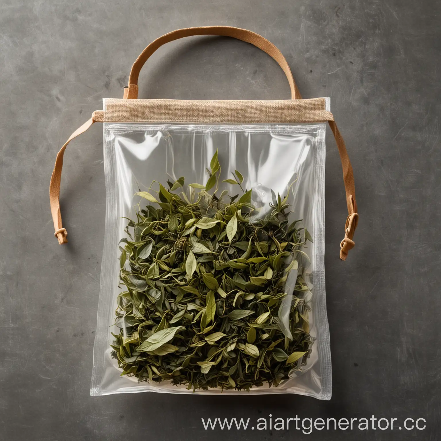 чайные листья внутри прозрачной сумочки с ремешком