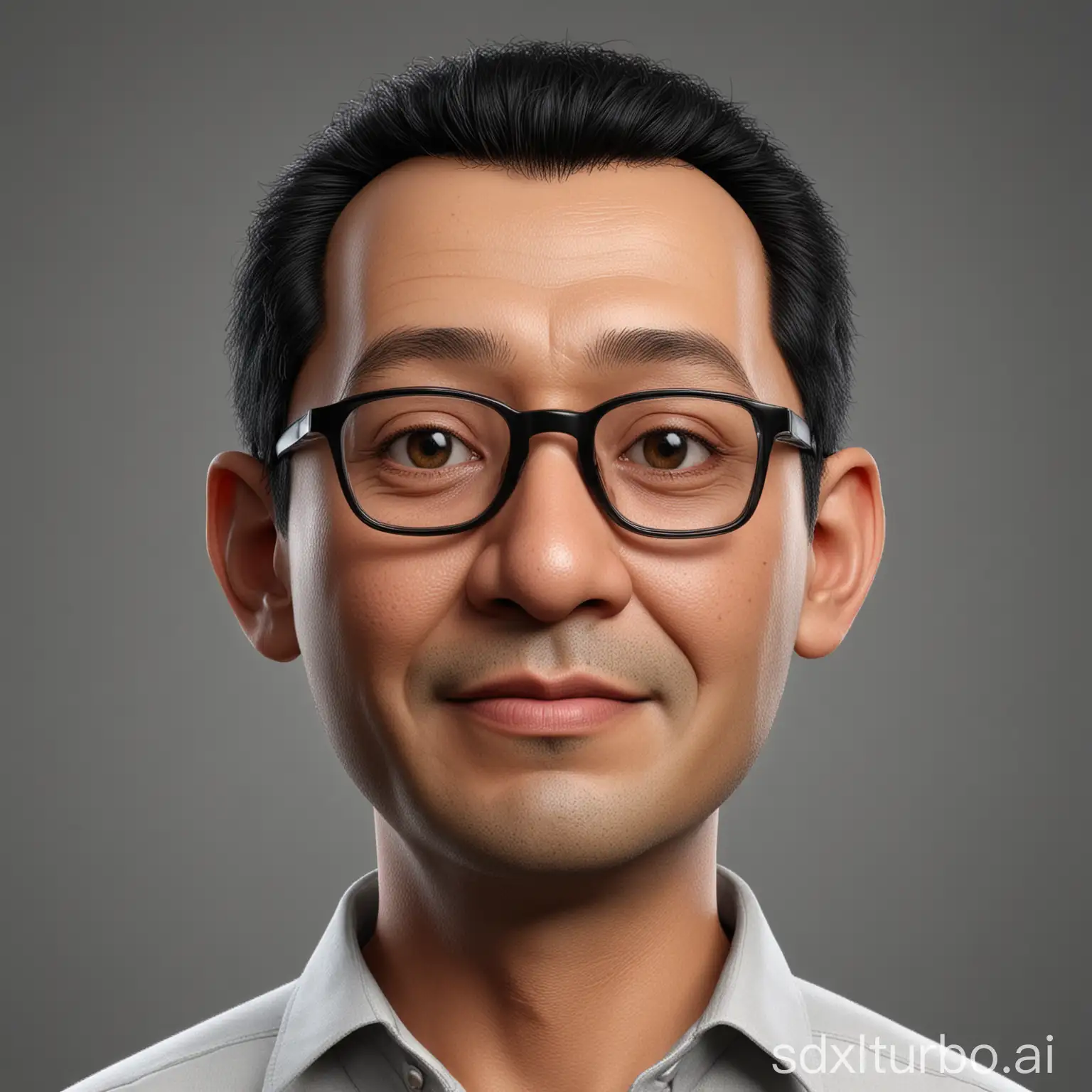 Hyperrealistic 3D cartoon with a big head. A 50 year old Indonesian man. Tall, slightly thin body, oval face shape. Wearing glasses, oval chin, handsome, slightly round eyes, clean white skin, faint smile. Black hair with a side part. Wearing a white shirt. Body position is clearly visible. Grey solid background. Use soft photography lighting, hair lighting, top lighting, side lighting. Highest quality photos.