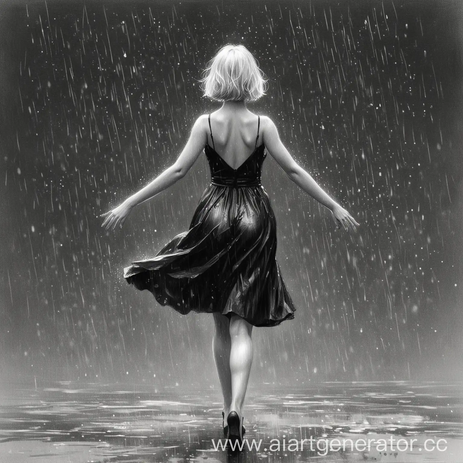 Девушка, черное вечернее платье на ней, она танцует под дождем, она повернута спиной, волосы у нее белые и прическа каре, руки слегка наверх, рисунок чб и выполнен карандашом, эскиз