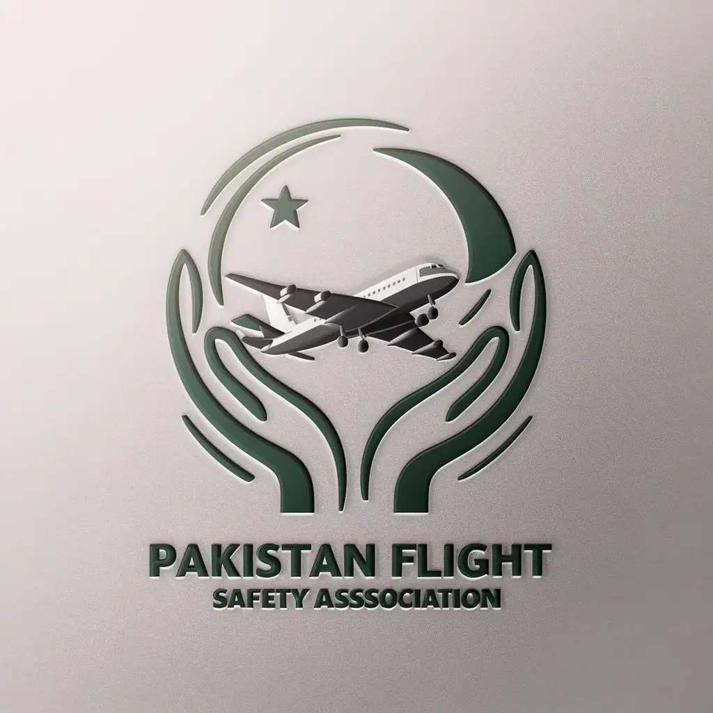 a logo design,with the text "Pakistan flight SAfety association", main symbol:Caring hands holding a crescent and a star with an aeroplane in the foreground of the start,Moderate,be used in Nonprofit industry,clear background
