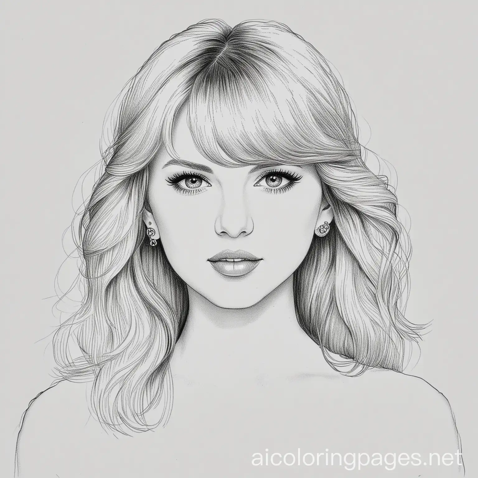 taylor swift coloring page for kids, Coloring Page, black and white, line art, white background, Simplicity, Ample White Space. The background of the coloring page is plain white to make it easy for young children to color within the lines. The outlines of all the subjects are easy to distinguish, making it simple for kids to color without too much difficulty