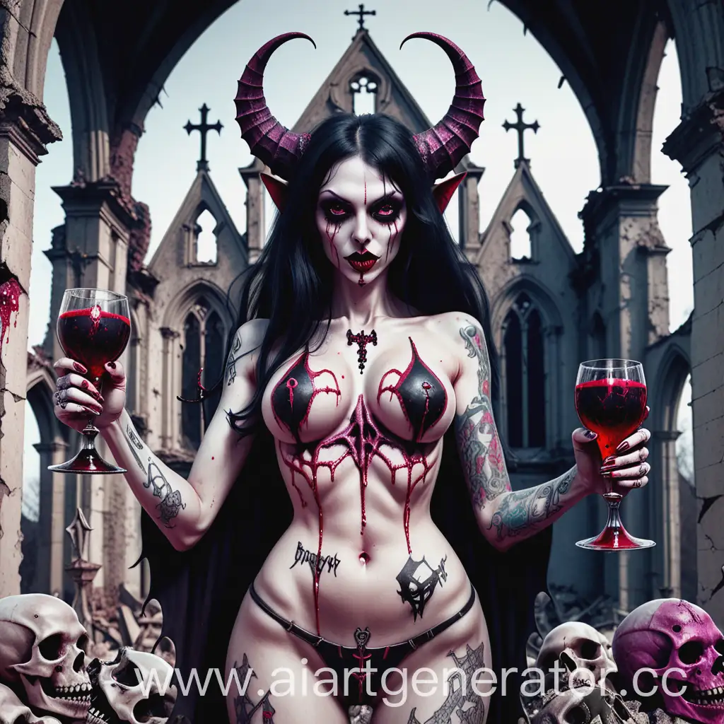 Суккуб в демонической форме  на фоне разрушенной церкви, в руках с бокалом из рубинов и костей, пьет кровь которая стекает по губам 
Суккуб в татуировках на все тело, на груди написано LUST 
В виде попарт