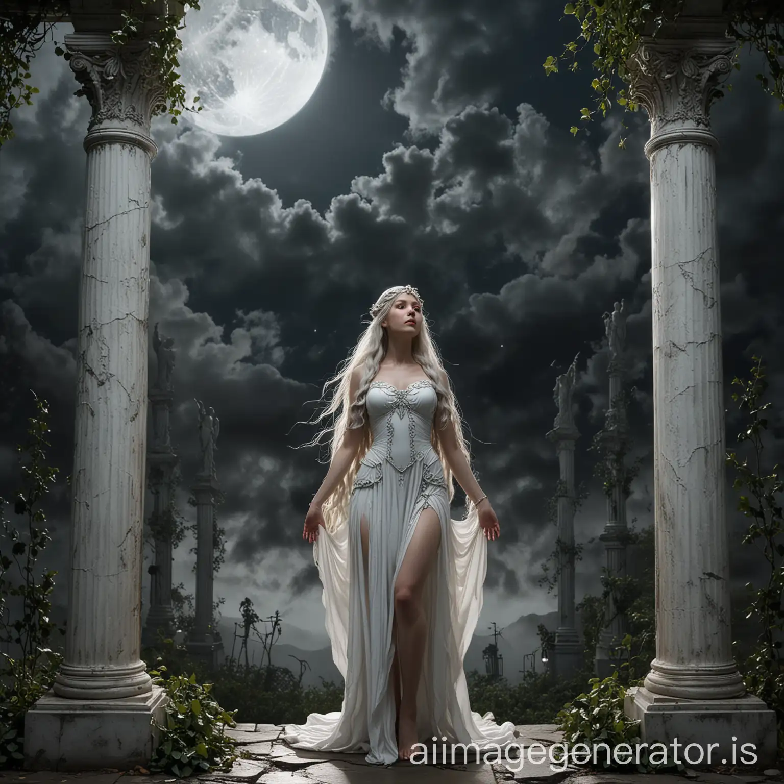 woman body, Galadriel in deep shadow, standing under bright crescent moon, old marble columns on both sides, ivy, fading body, vanishing body, short transparent skirt, tiara, long braids, stars, clouds in the dark sky, very long white hair, fog, steam, marble statues backed to them, montains and vegetation in background, close view