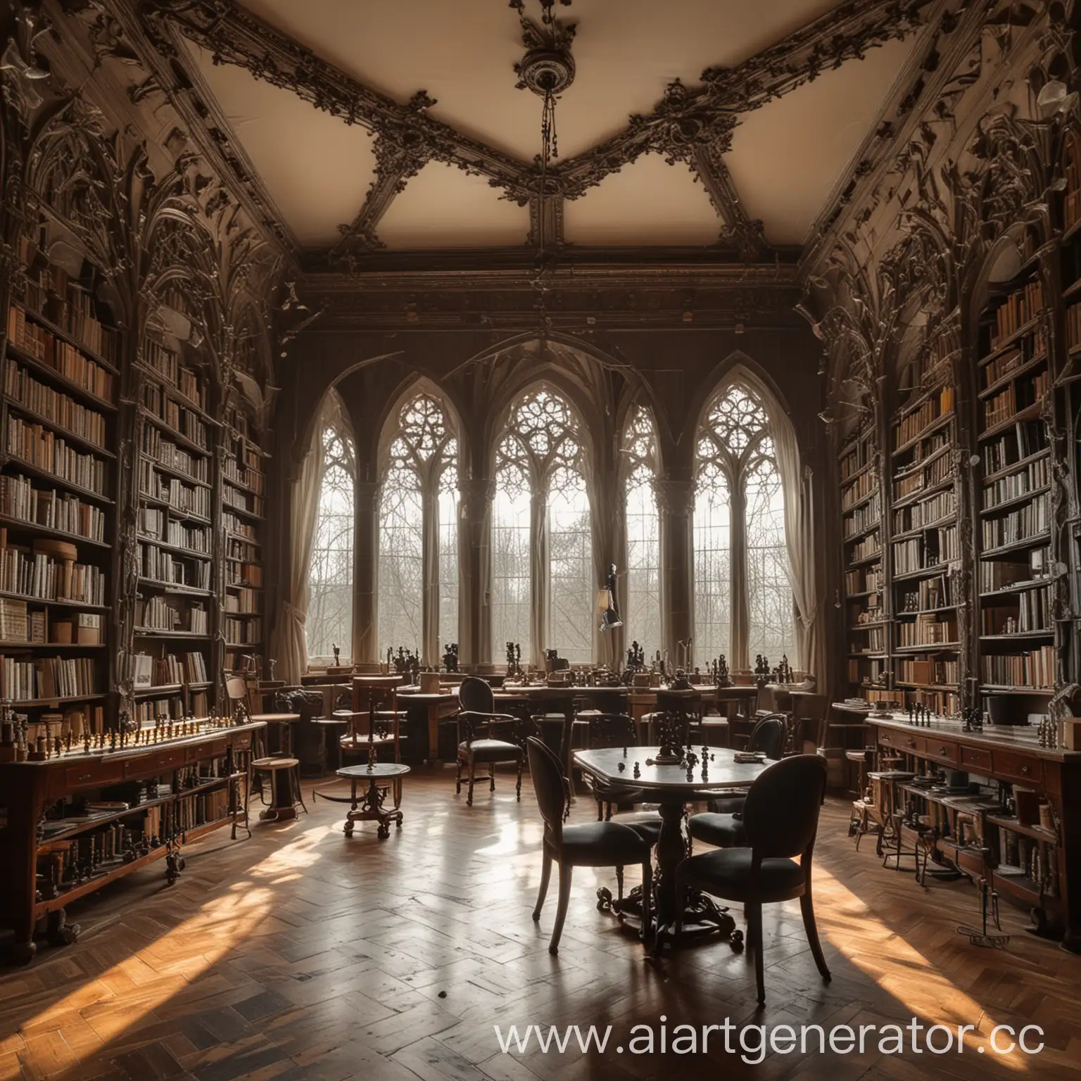 Я сижу  в просторной светлой библиотеке готического стиля. Потолок из стекла, на столе чашка чая и шахматы 
