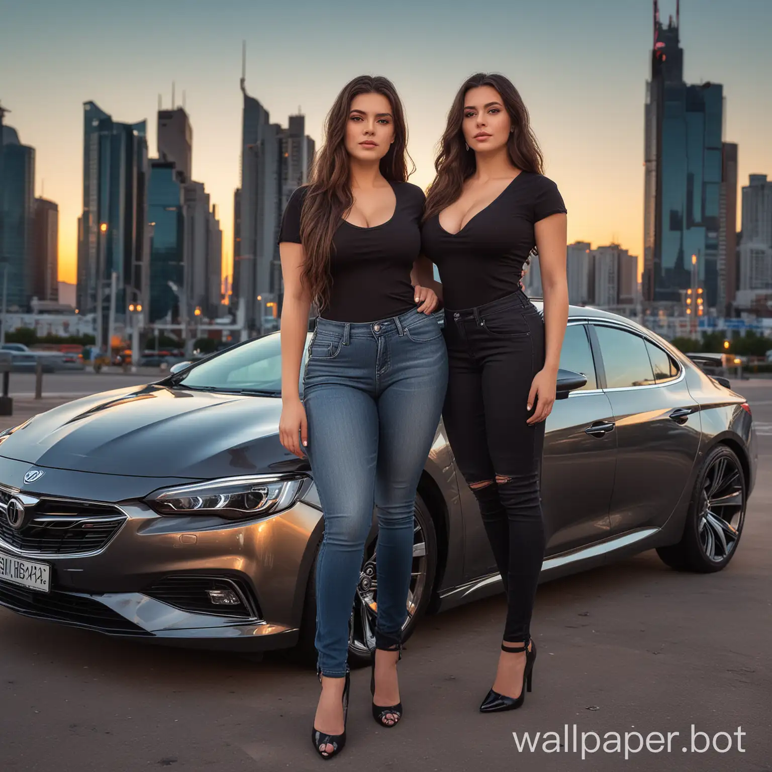 fuller, curvy shaped woman visible from the back. She has long darkbrown hair (her face isn't visible), wearing black t-shirt with cleavage, jeans and high heels standing near of grey opel insignia grandsport. The car is visible from the front and is standing next to the woman. The background is a futuristic city at sunset, synthwave style
