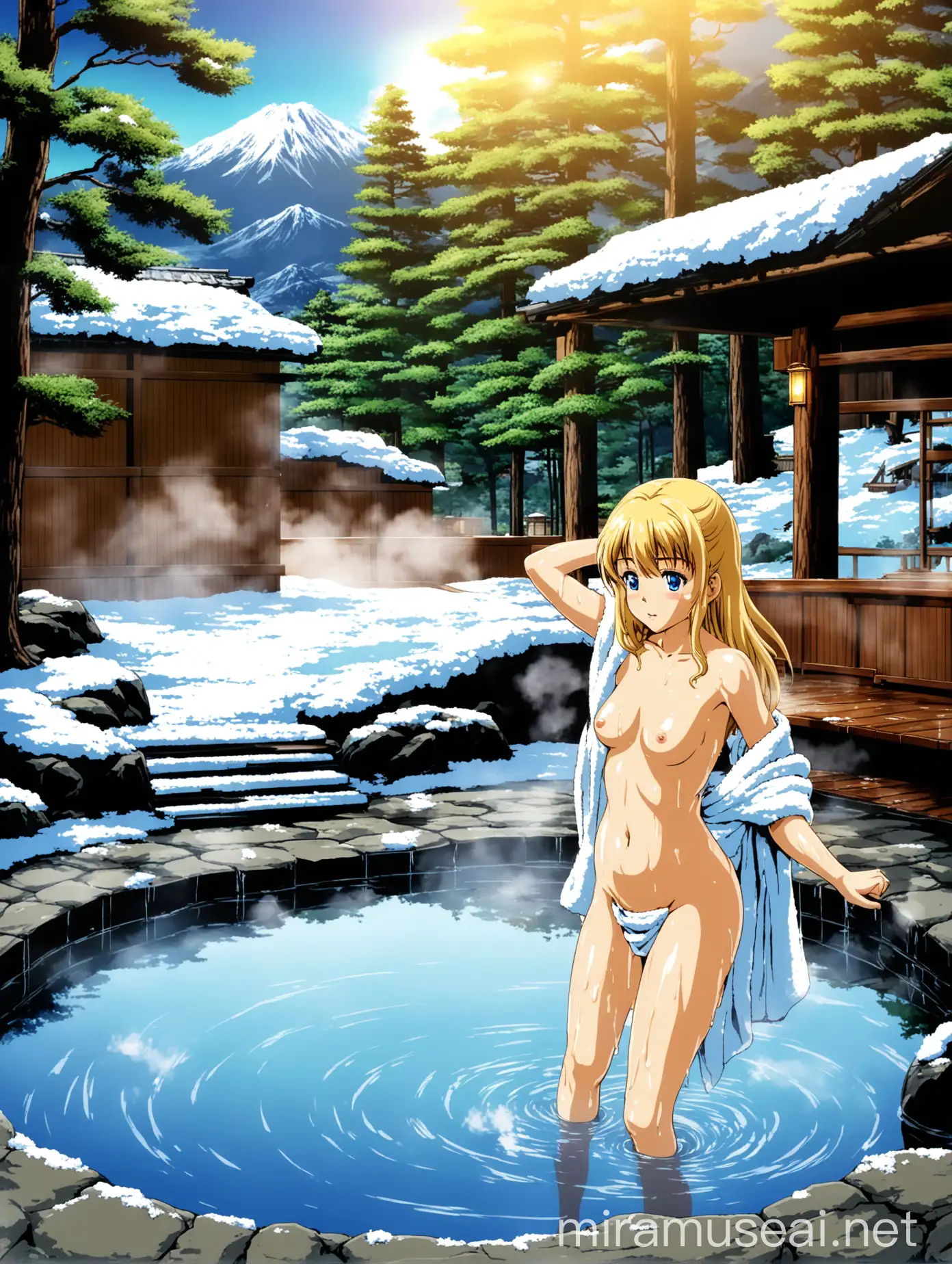 Magical Onsen Bathing Scene with GoldenHaired Woman