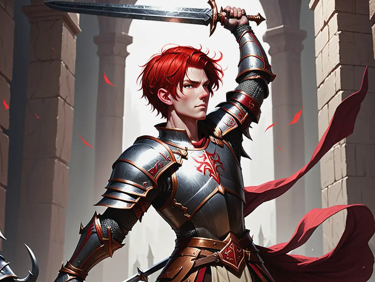 Паладин с рыжими короткими волосами мужчина поднимает меч над головой