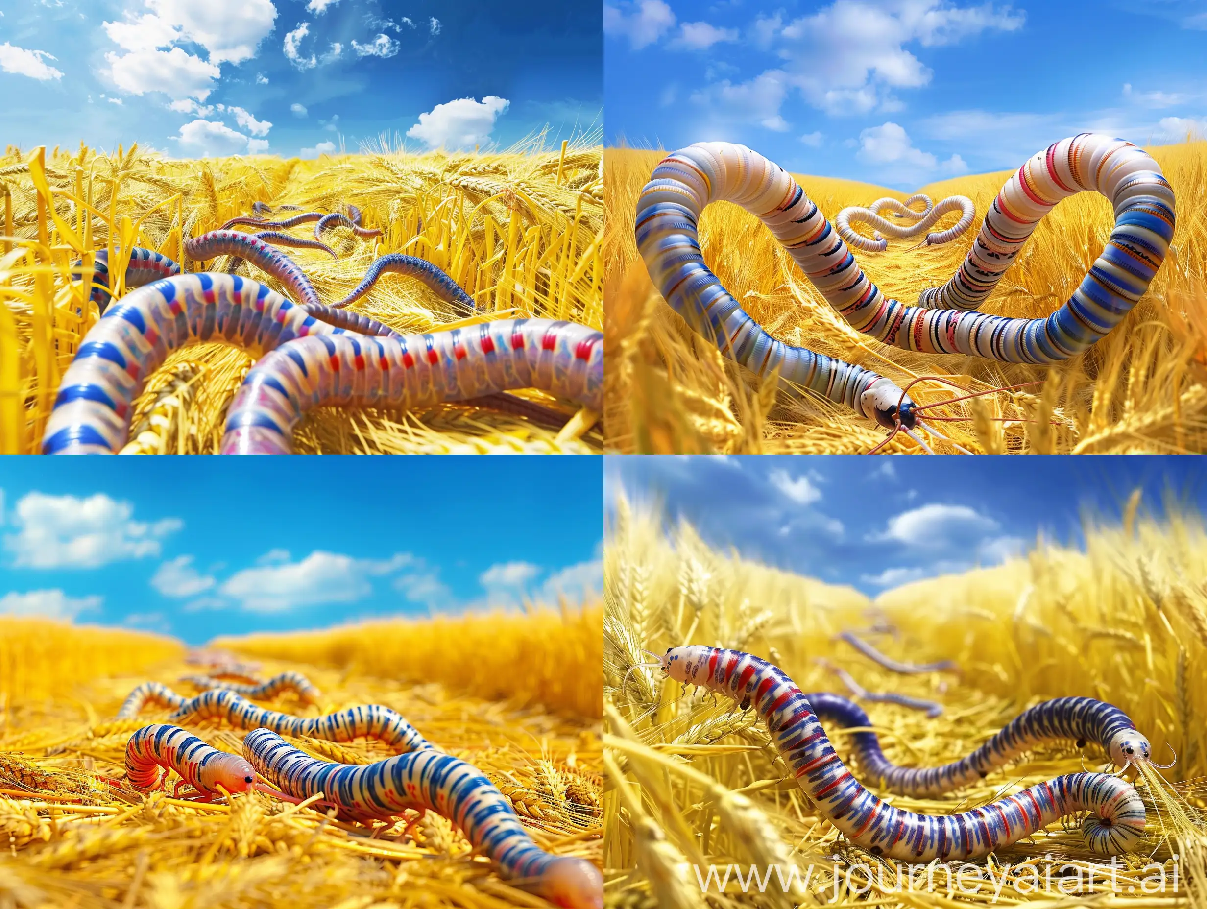 worms with white, blue and red stripes crawl through a yellow wheat field under a blue sky