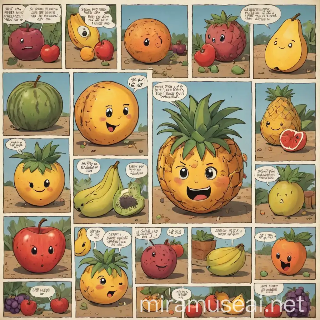 2D cartoon, comic strip about fruits, multiple images