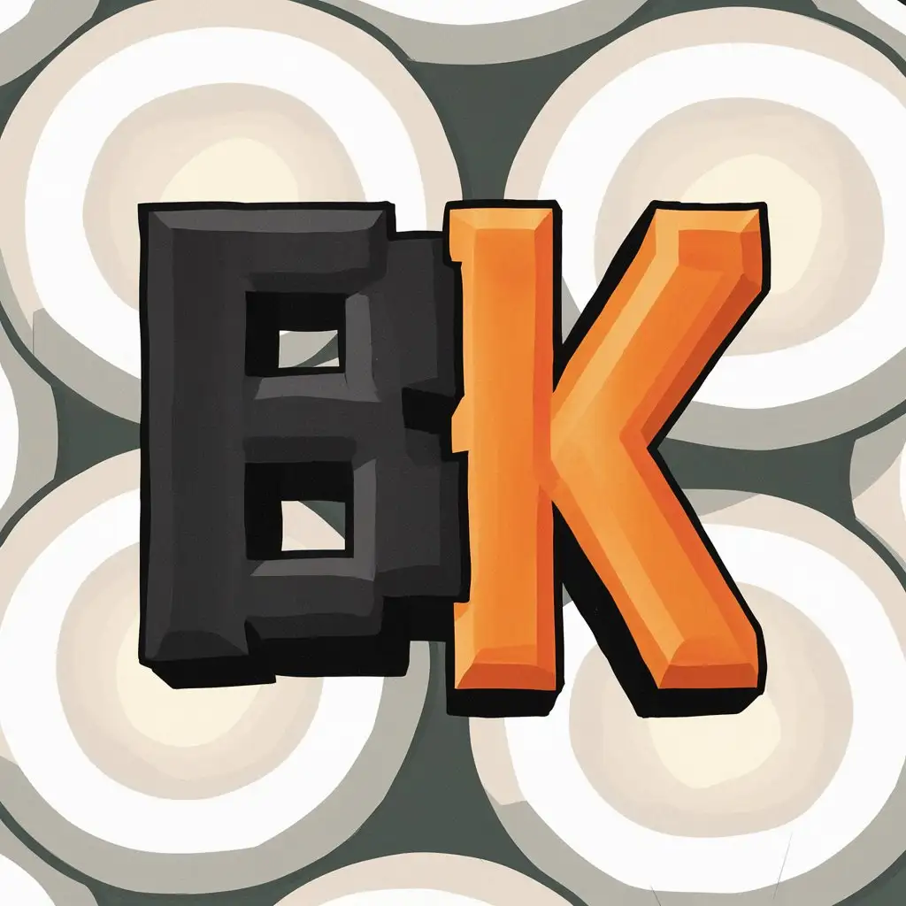 Большие буквы в белом круге "BK", слитно. Буква "B" чёрным цветом, буква "K" оранжевым цветом. Мягкий шрифт. Толстые буквы. На тематику игры Minecraft 