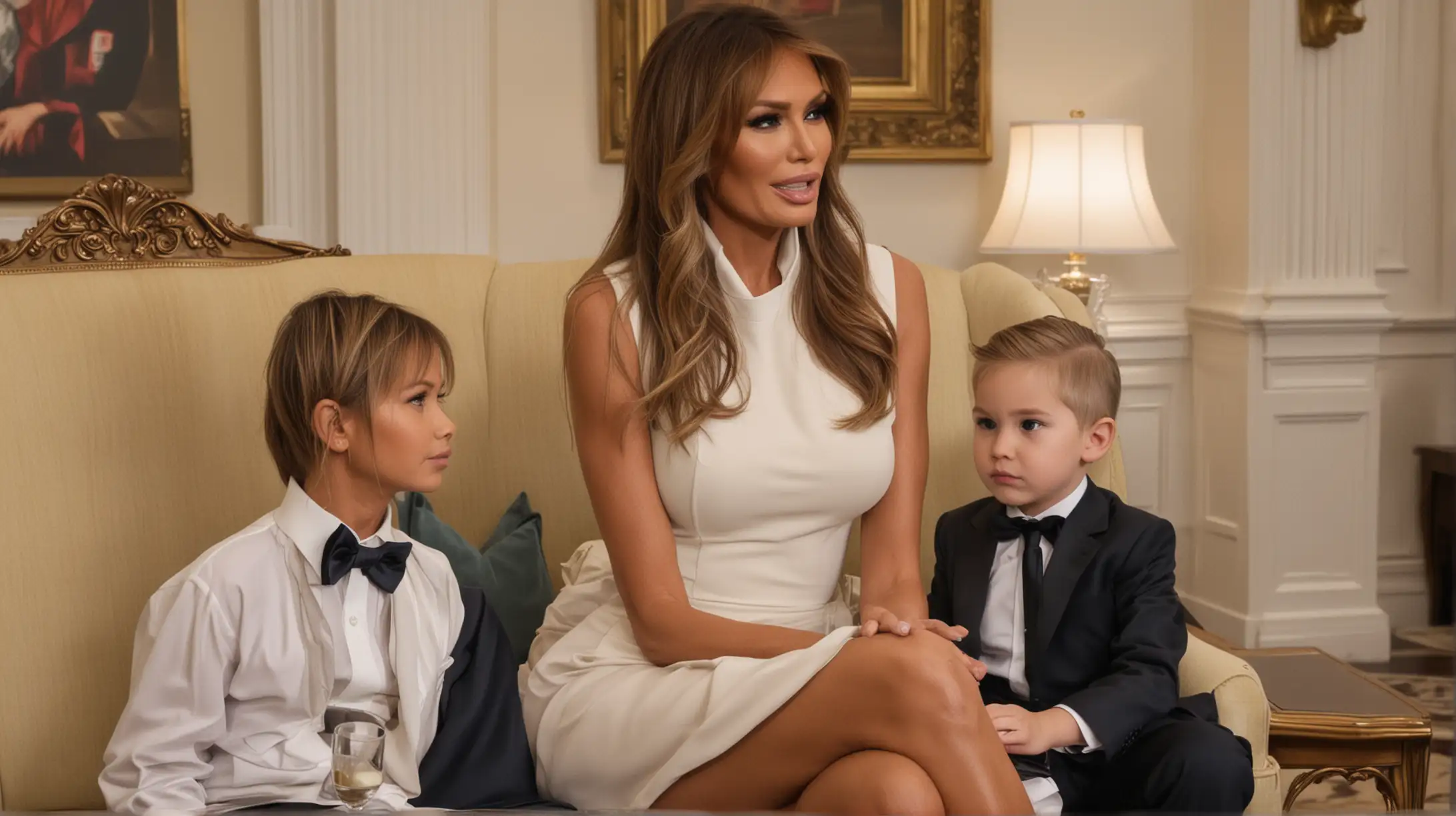 Melania Trump Sitting with a Boy in a Casual Setting