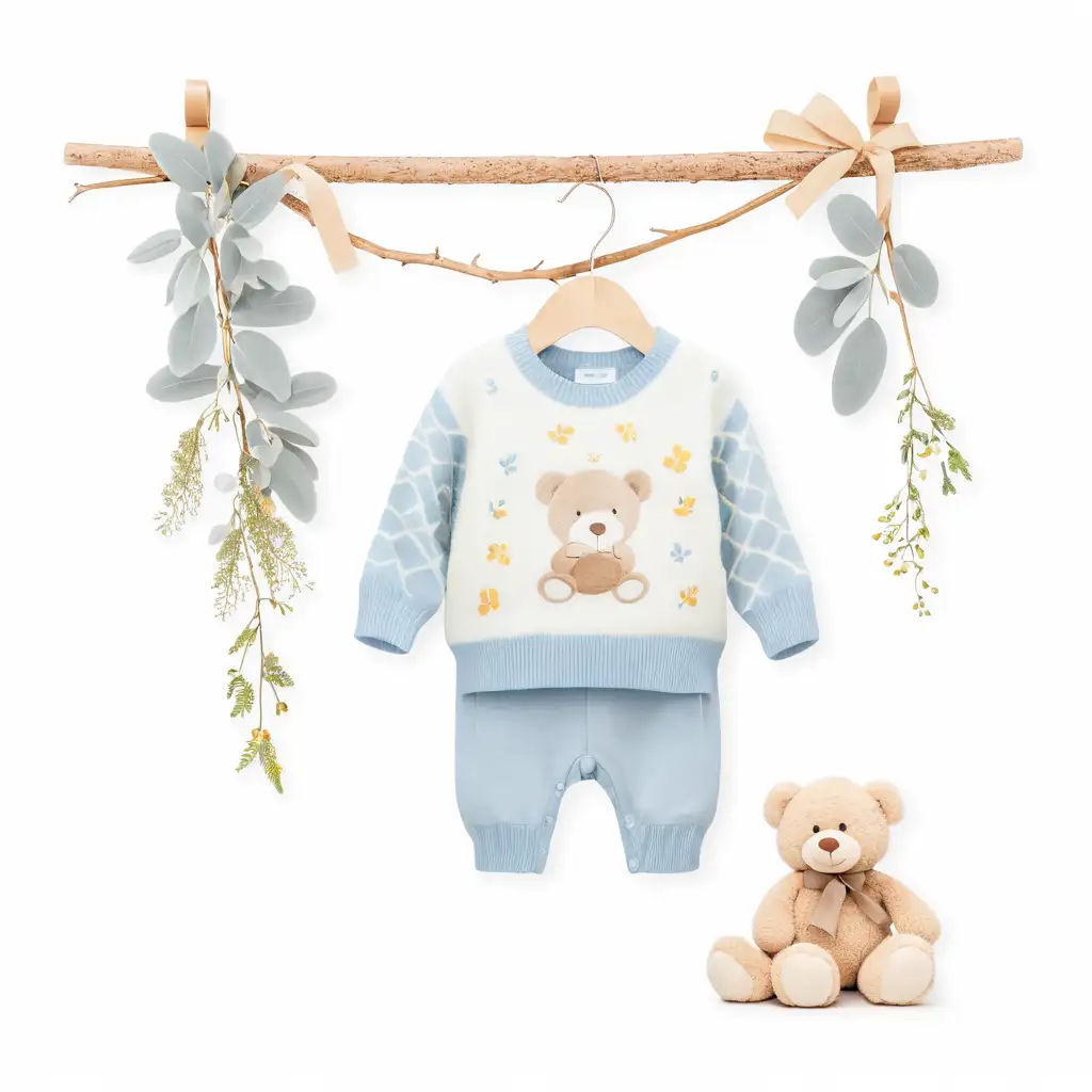 Cozy-Blue-Baby-Outfit-Hanging-on-Branches-with-Teddy-Bear