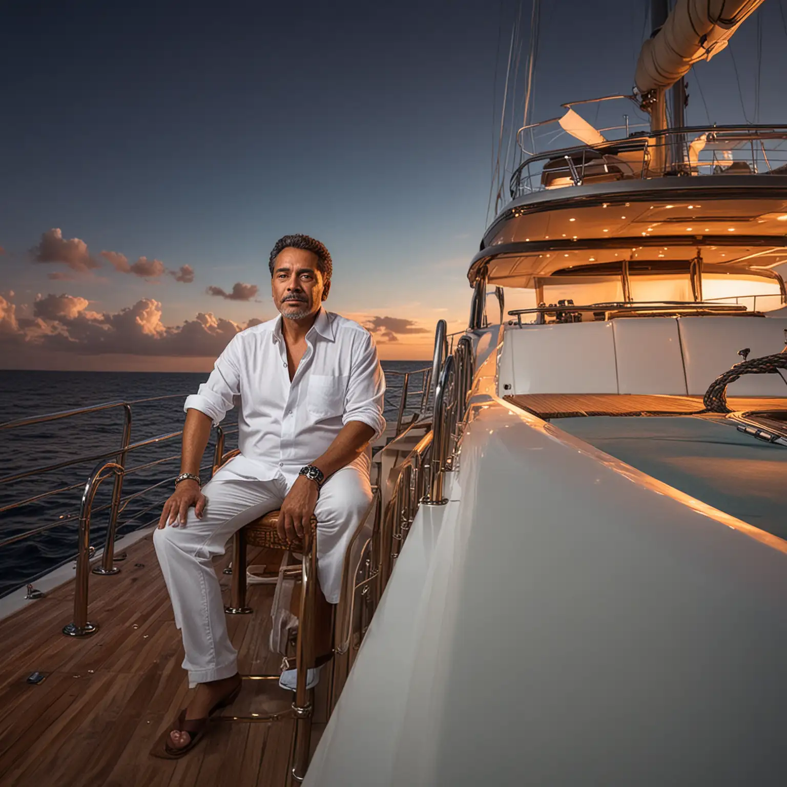 a giant luxurious yacht floating in the ocean with a confident looking middle age hispanic man with a cane sits on the deck of the yacht, vibrant colors, dramatic lighting