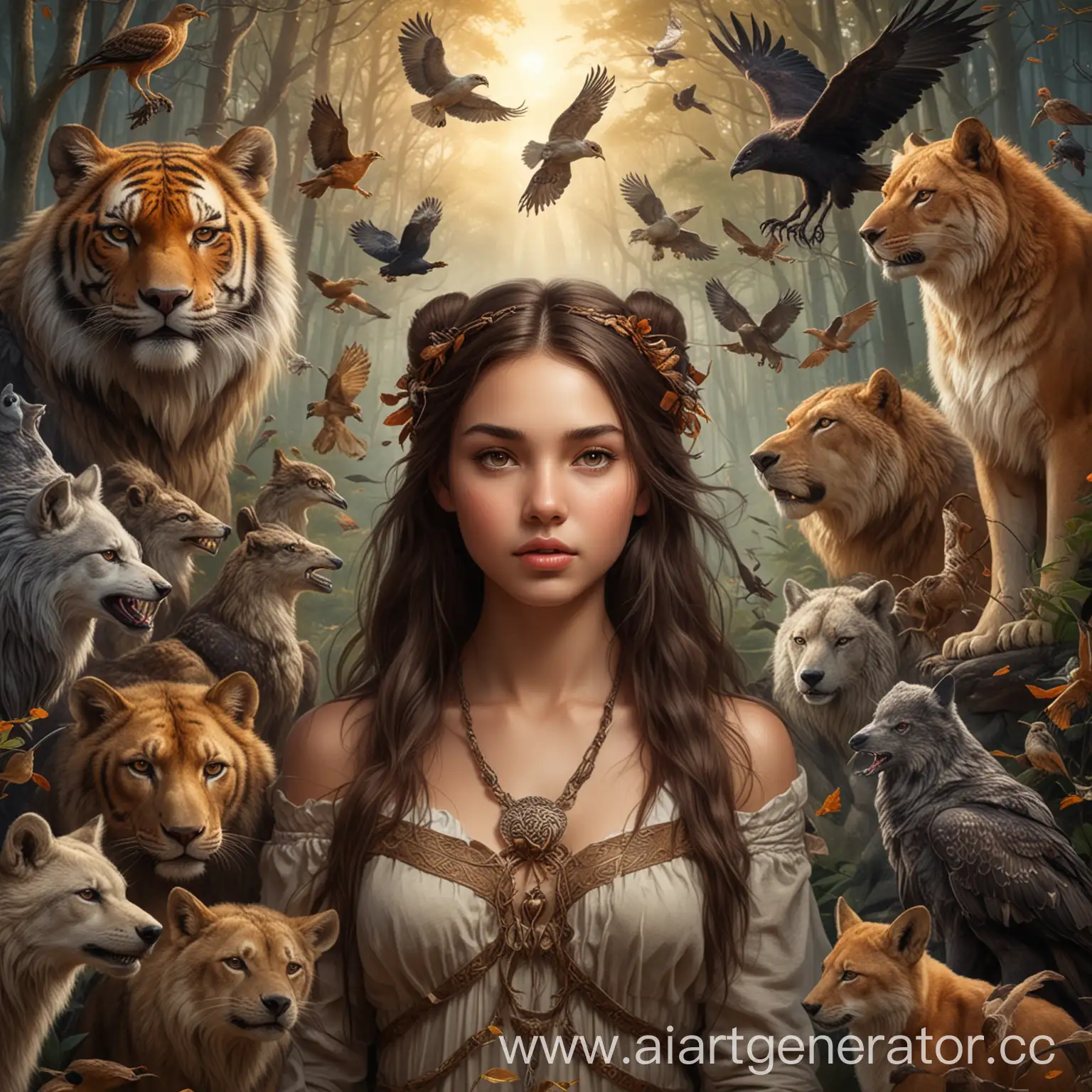Девушка брюнетка окружённая животными, богиня животных, девушка и волк, тигр, ястреб, олень, медведь, птица, змея, львица, ворон
