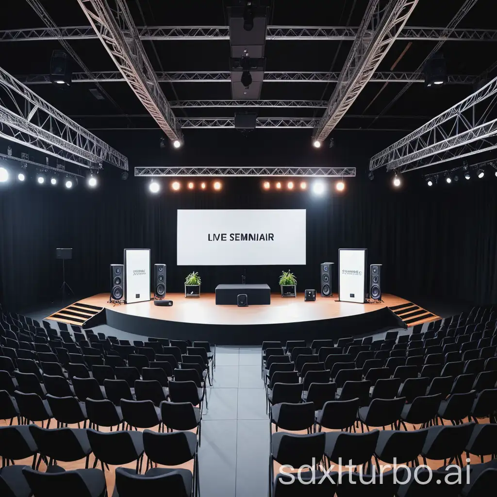 a large stage with a speaker. Live Seminar