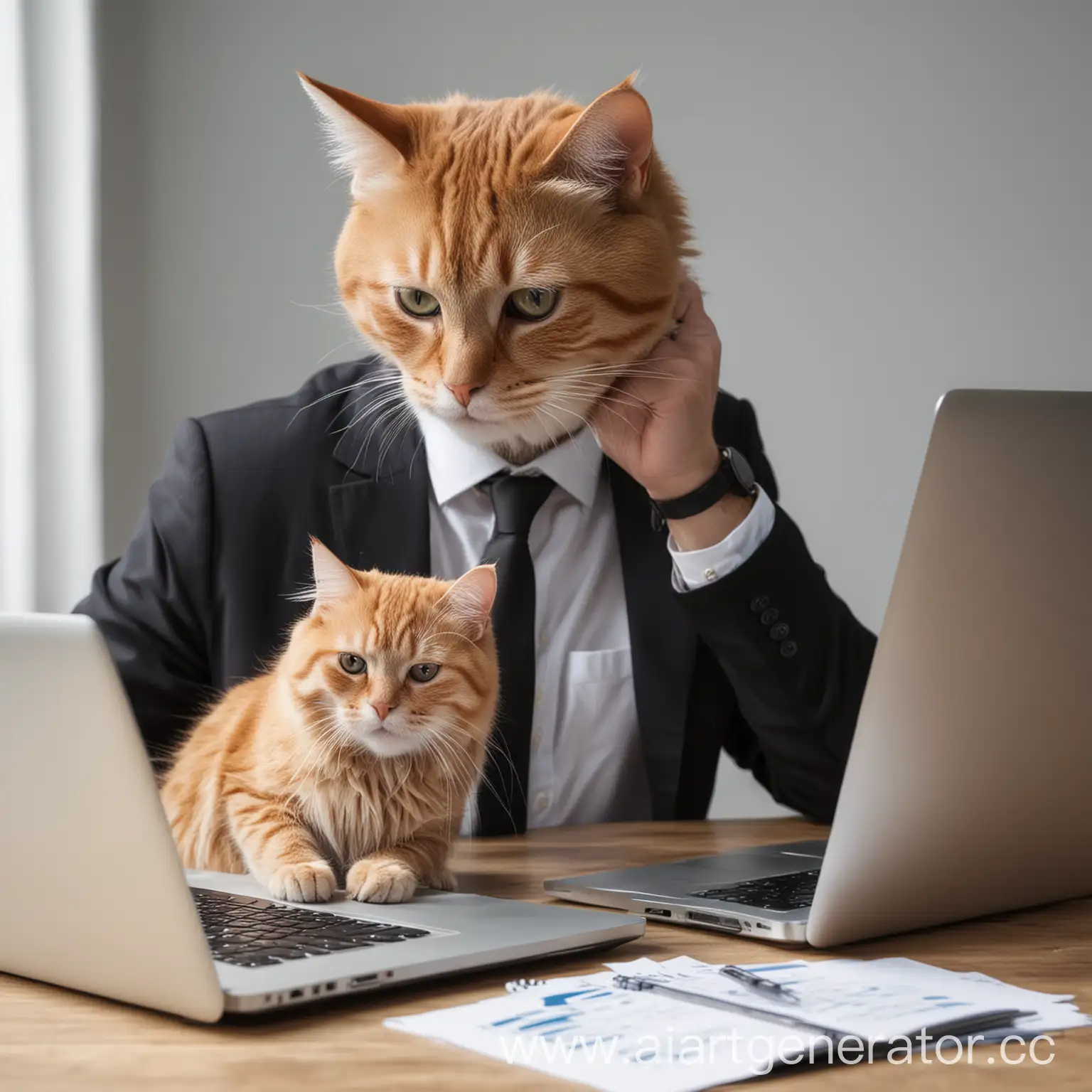 Financial-Analyst-Working-at-Table-with-Cat-and-MacBook-Laptop