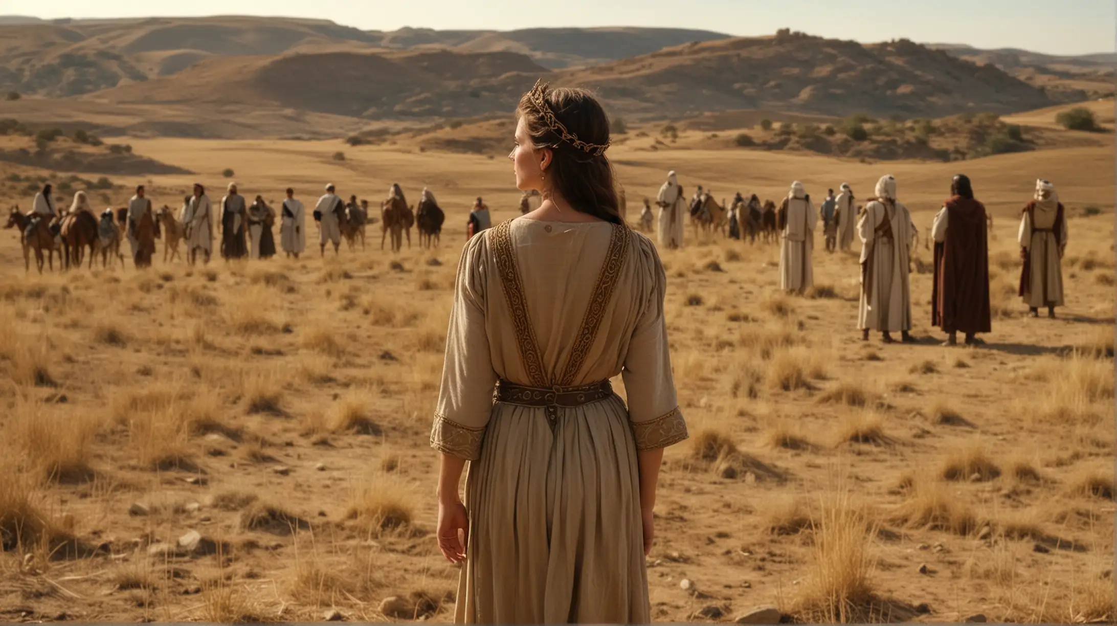 An attractive woman talking to a Young King David on a hilly desert field. There are some  other men standing in the field  in the  background.  Set during the Biblical Era of King David