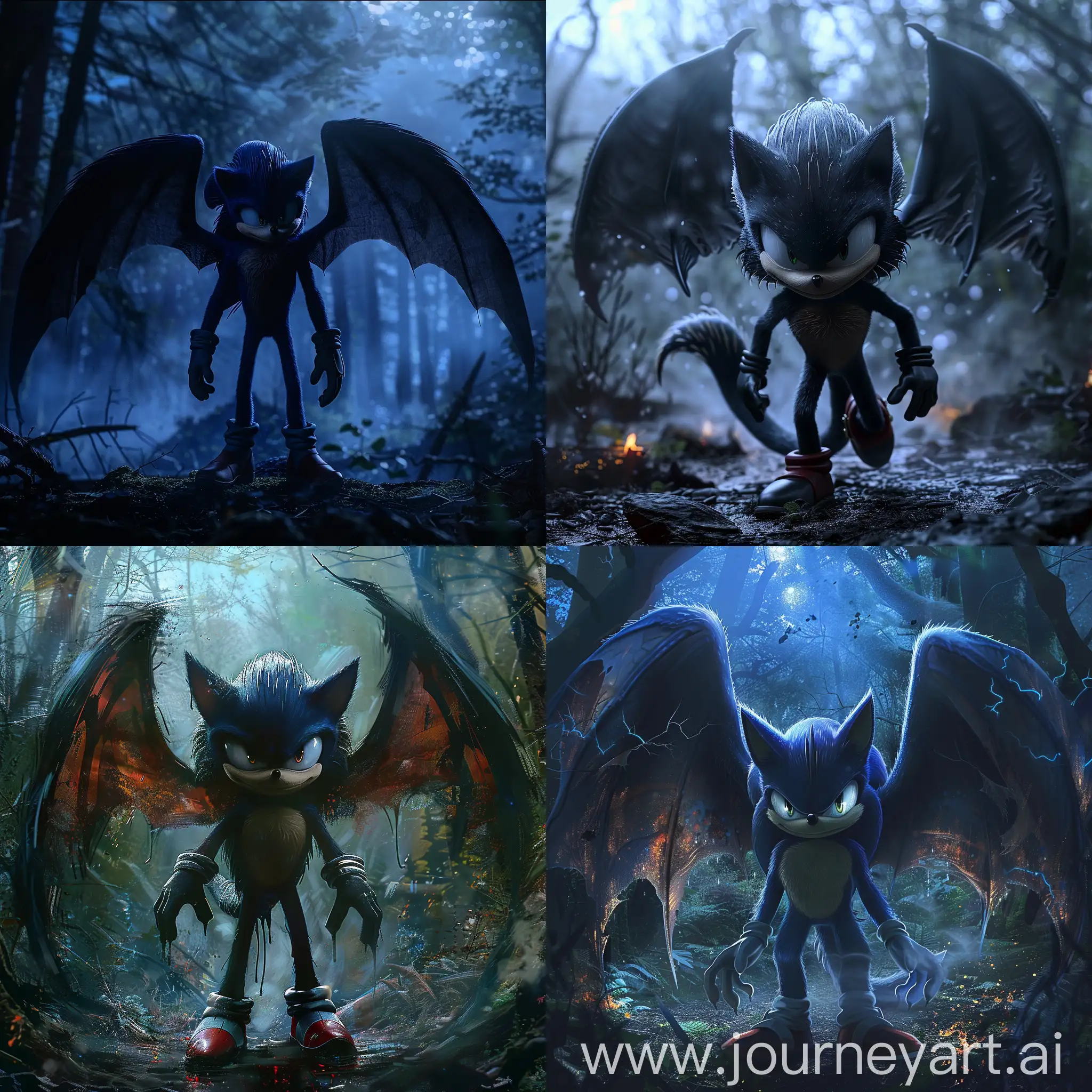 Sonic the hedgehog movie with dark dragon wings in the forest night