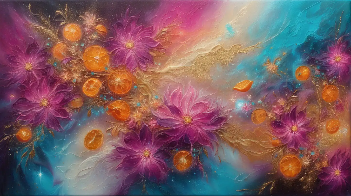 textured oil painting of abstract art of florescent Oranges and Pinks and golden-magentas in golden dust and a magical turquoise glow with luminescent  magenta flowers, magenta-fire petals among galaxies.