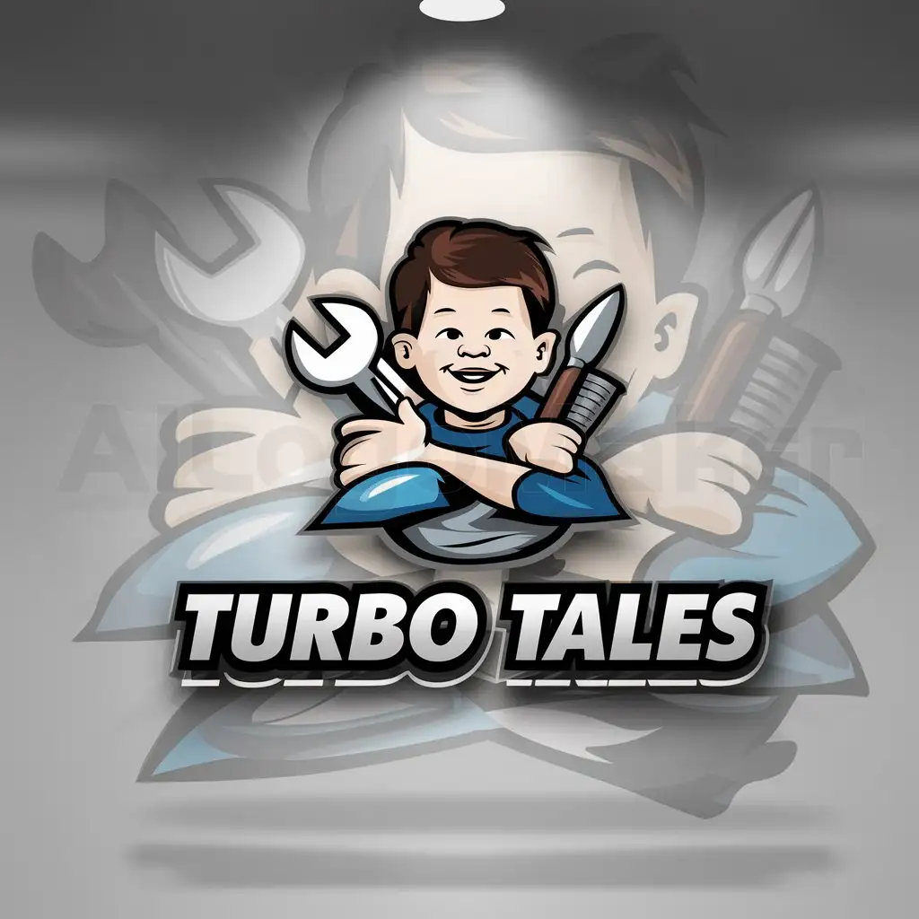 a logo design,with the text "Turbo tales", main symbol:A boy holding tools,Moderate,be used in Automotive industry,clear background