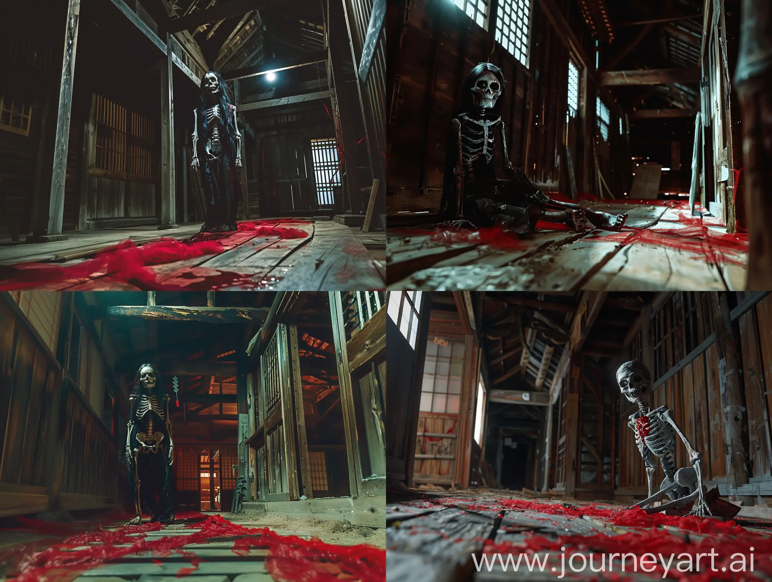 Portrait photo, cinematic, realism, use Medium-angle lens, long-shot, full-shot. Depiction of a yokai ((( An ancient Japanese girl whose body is a skeleton ))), A dilapidated wooden building from the Taisho era in Japan, with red gauze on the floor and dim lighting, horror movie