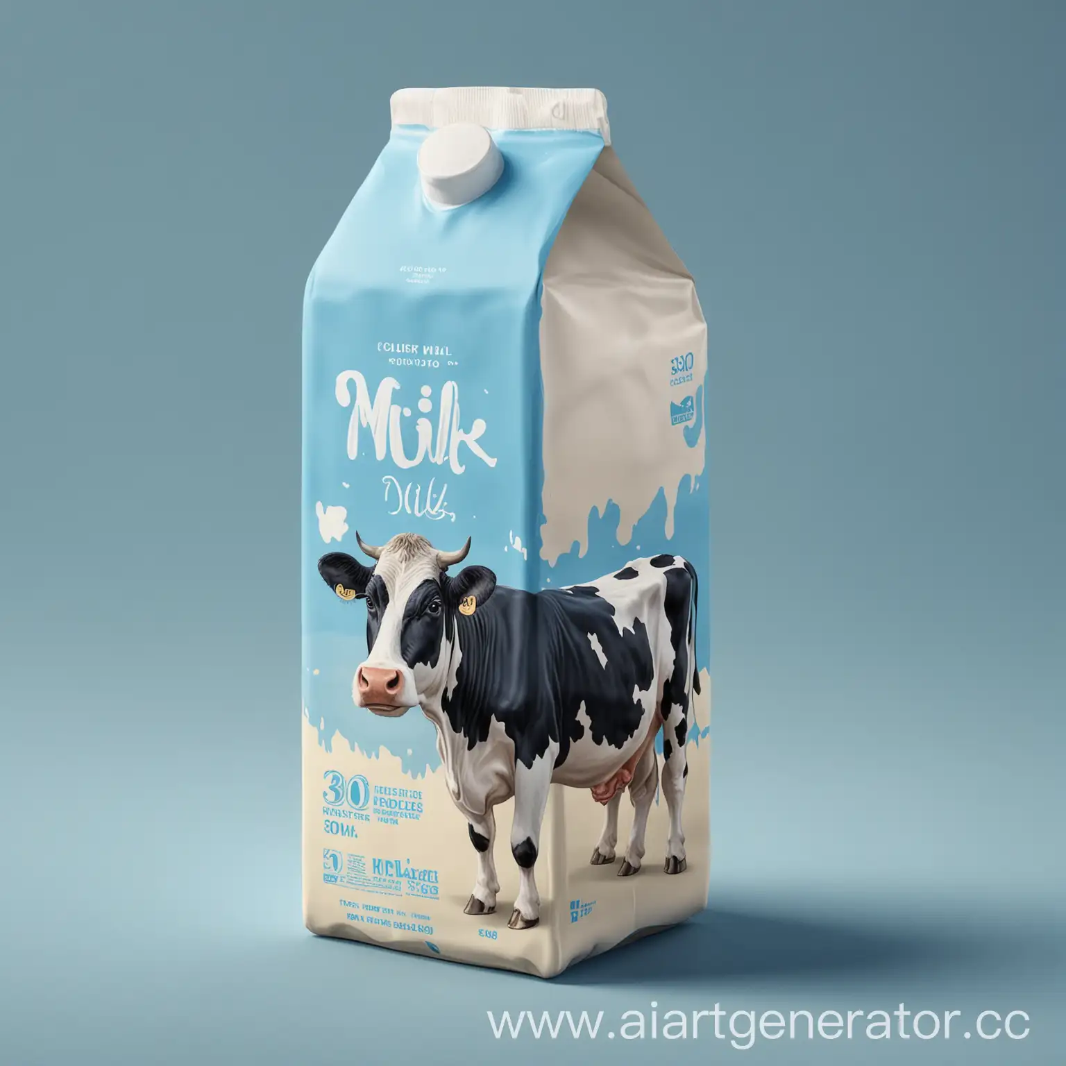 Упаковка молока. Цвет фона - голубой. Текст - молоко, 300 грамм. На упаковке должна быть изображена корова. Упаковка должна быть реалистичной и 3d.