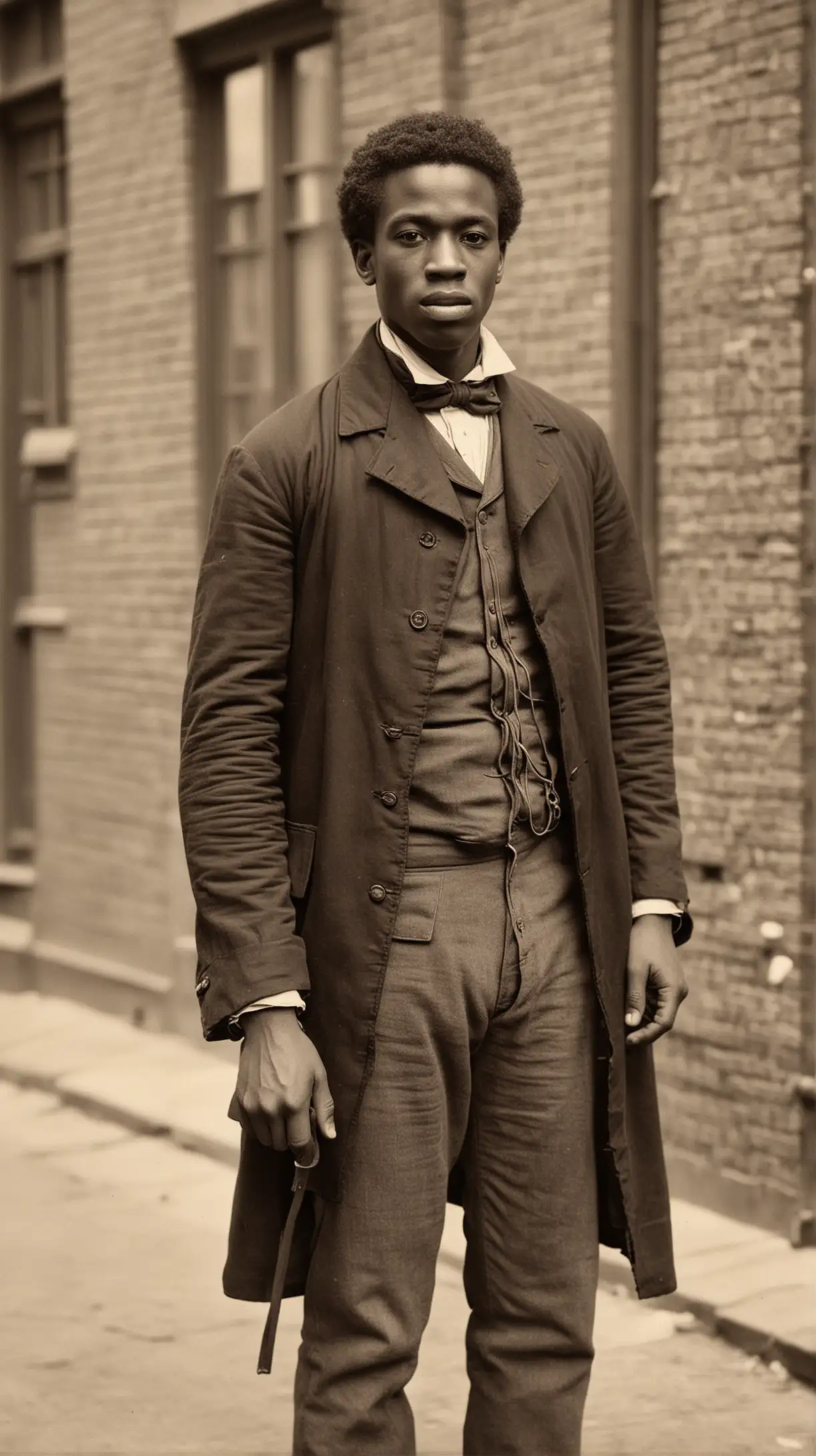 Young black man standing 1870s on the street 