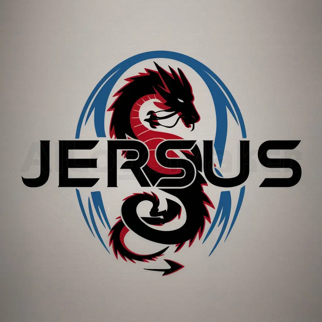 a logo design,with the text "Jersus", main symbol:black-red dragon in blue halo,Moderate,clear background